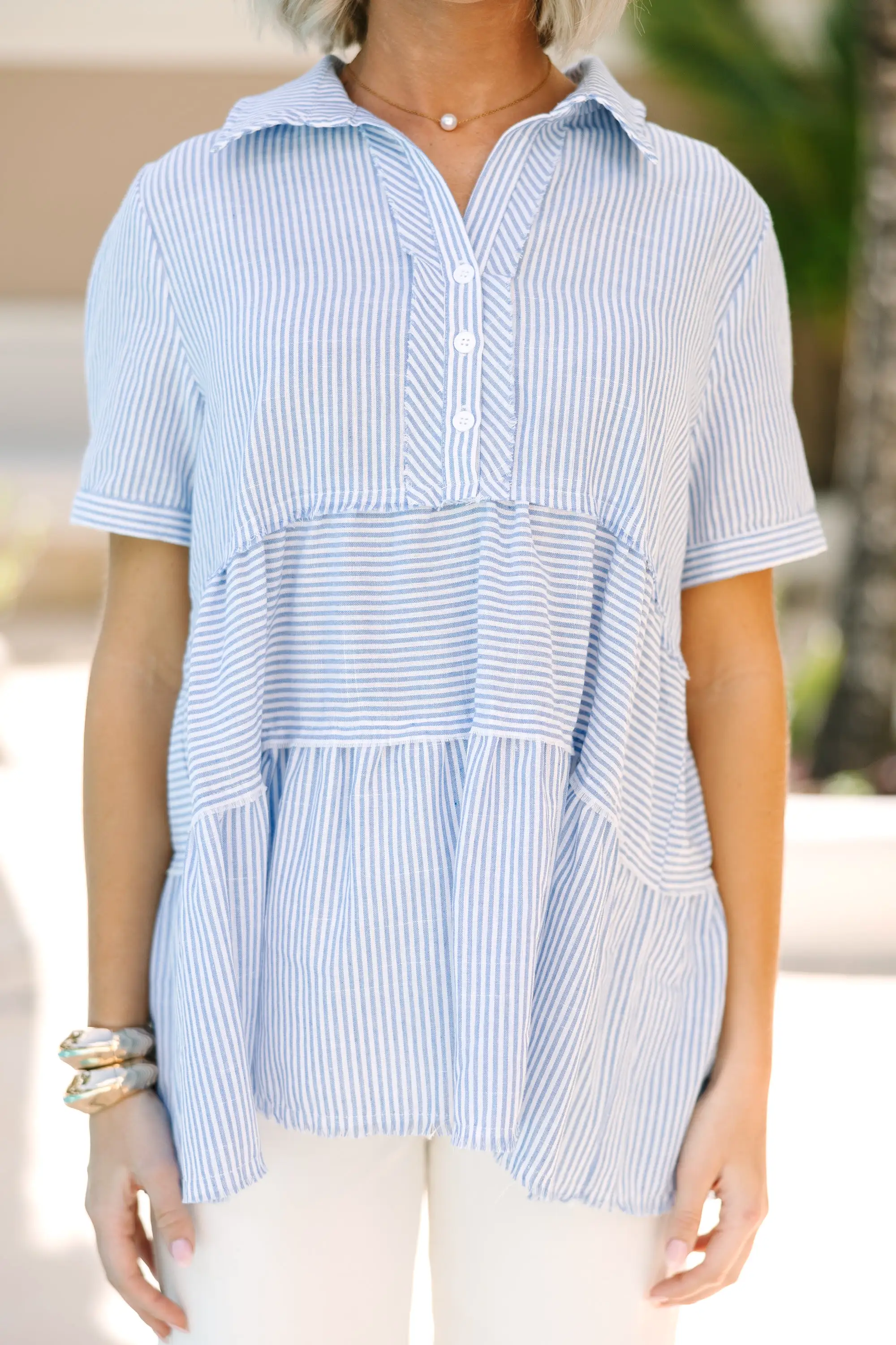 All You Need To Hear Light Blue Striped Babydoll Top