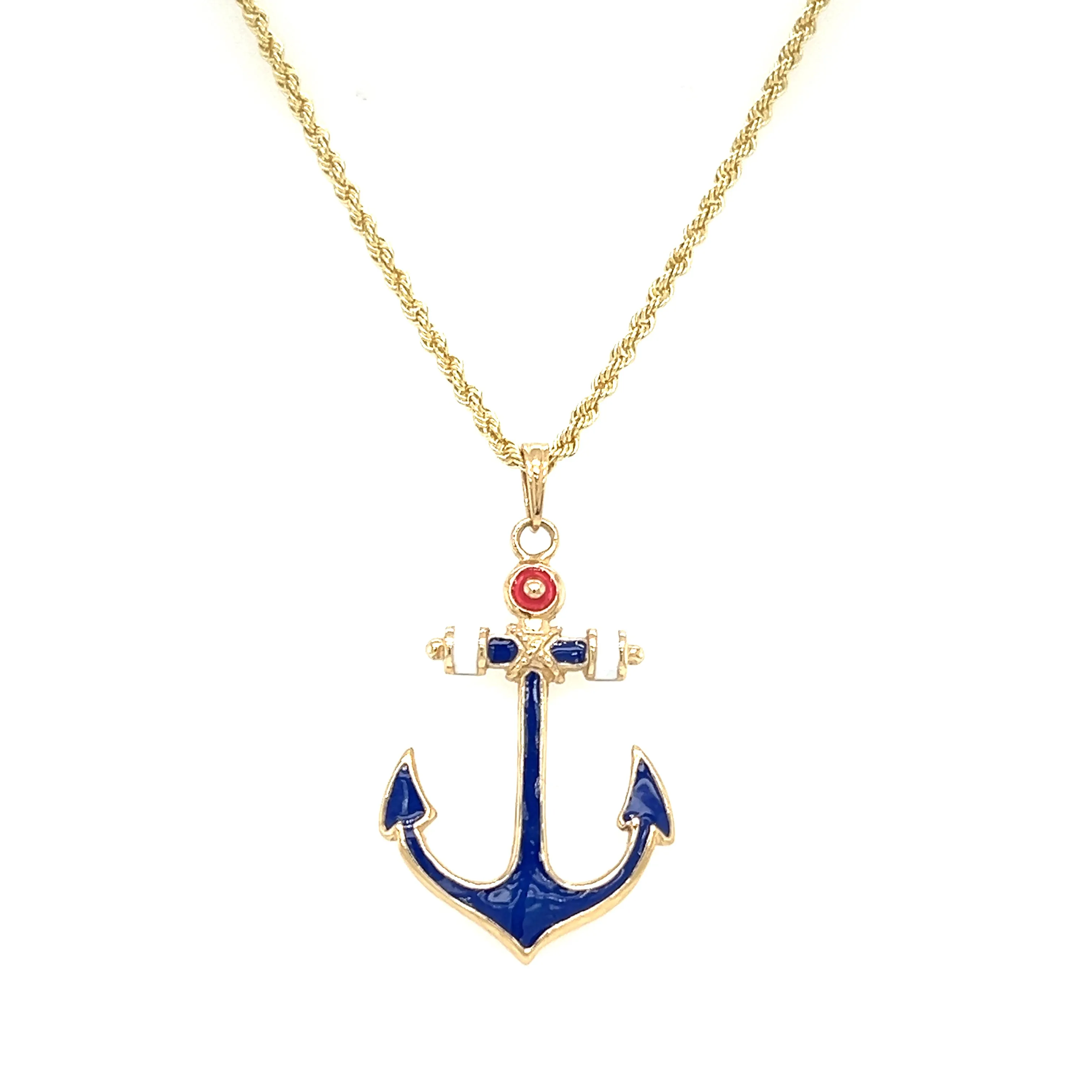 Anchor Pendant with Red White and Blue Enamel in 14K Yellow Gold