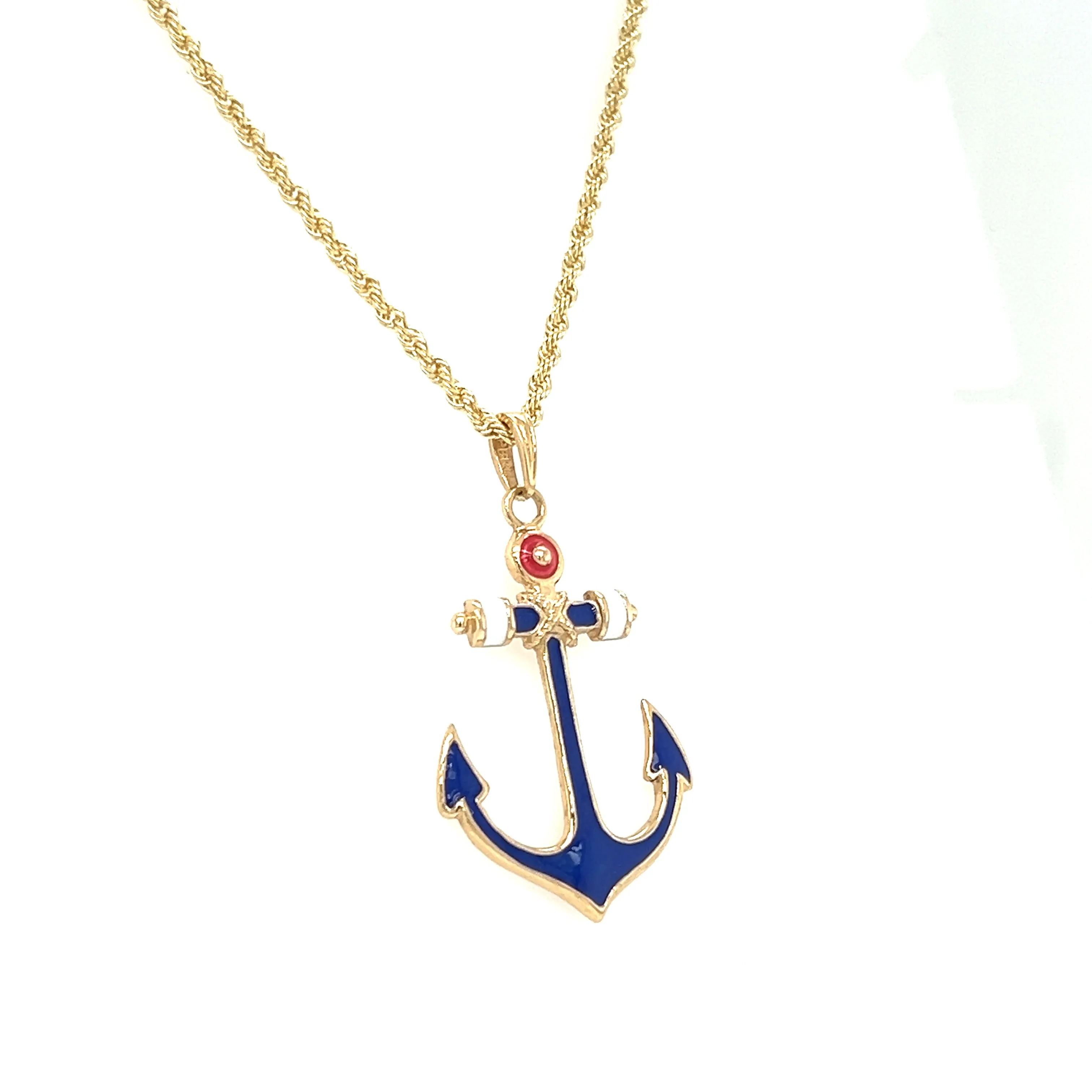 Anchor Pendant with Red White and Blue Enamel in 14K Yellow Gold