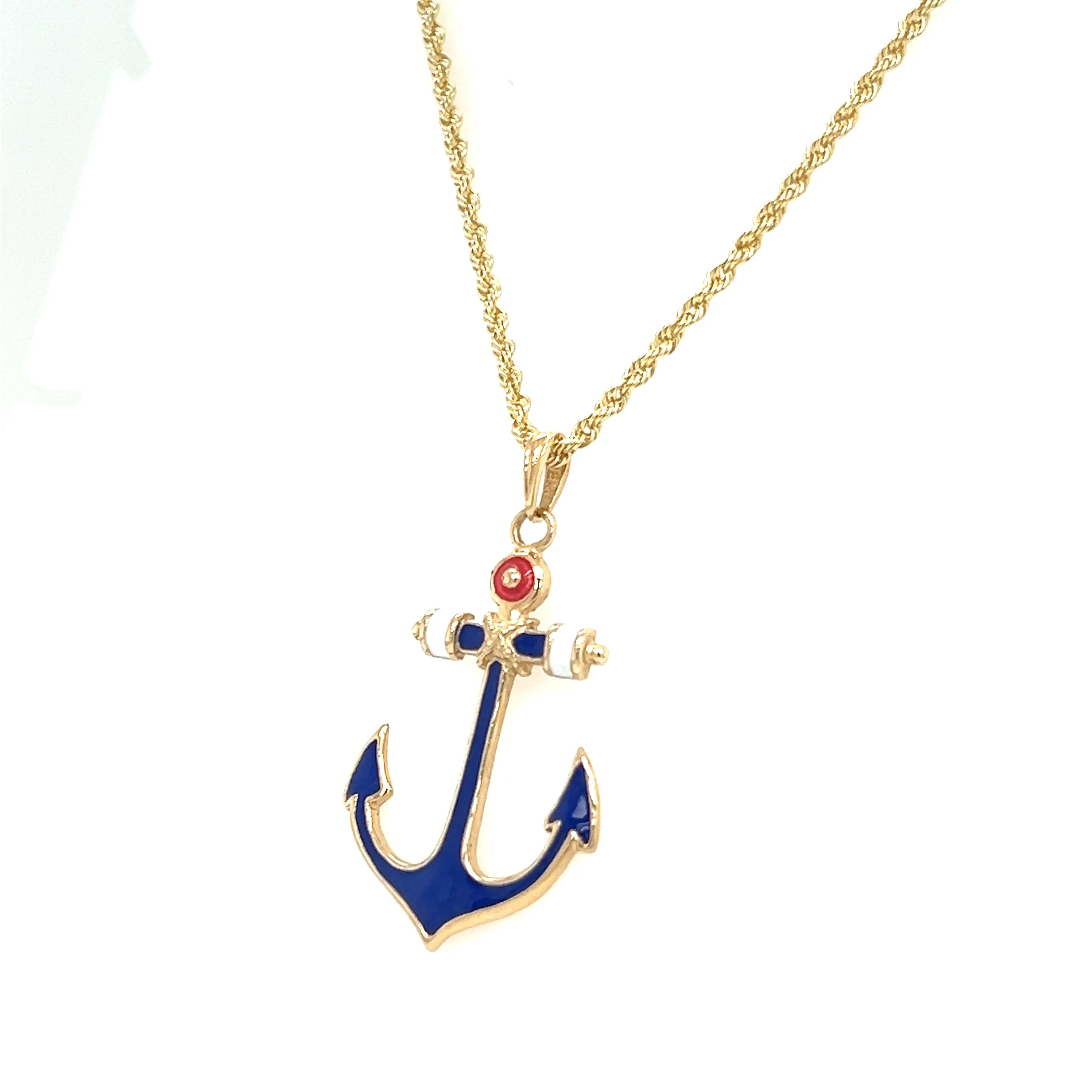 Anchor Pendant with Red White and Blue Enamel in 14K Yellow Gold