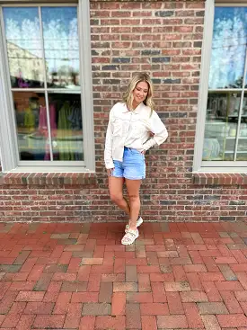 Beaching It Crochet Mix Linen Button Down Top