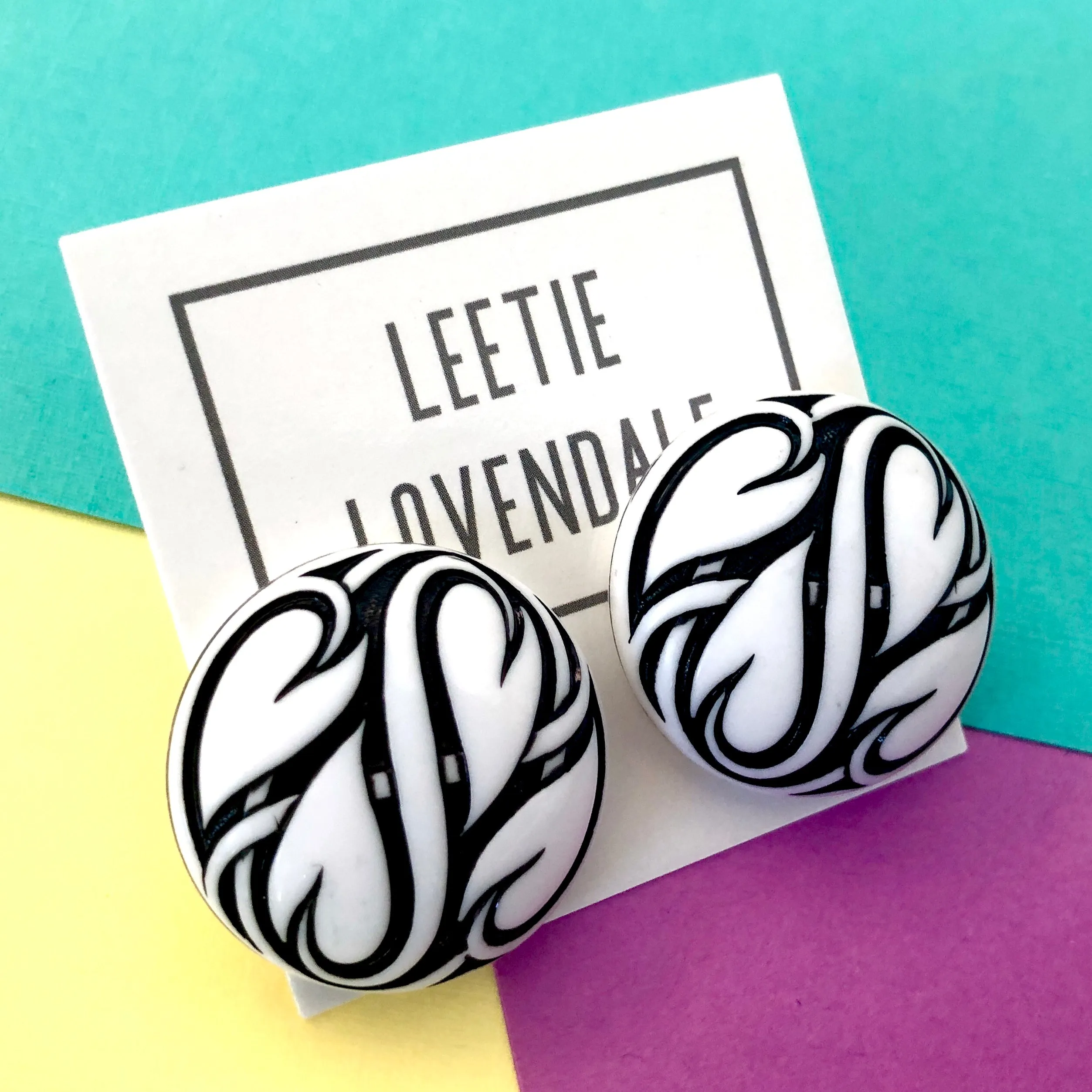 Black & White Hearts Aflame Retro Button Stud Earrings