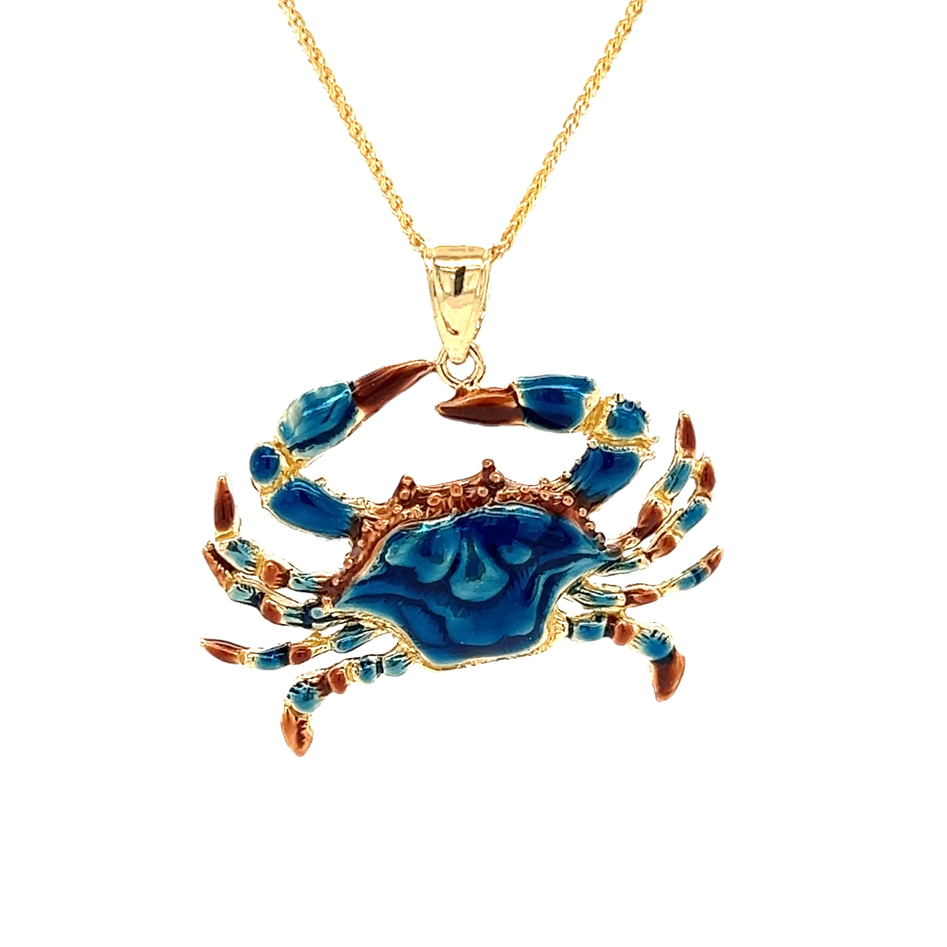 Blue Crab Large Pendant with Enameling in 14K Yellow Gold