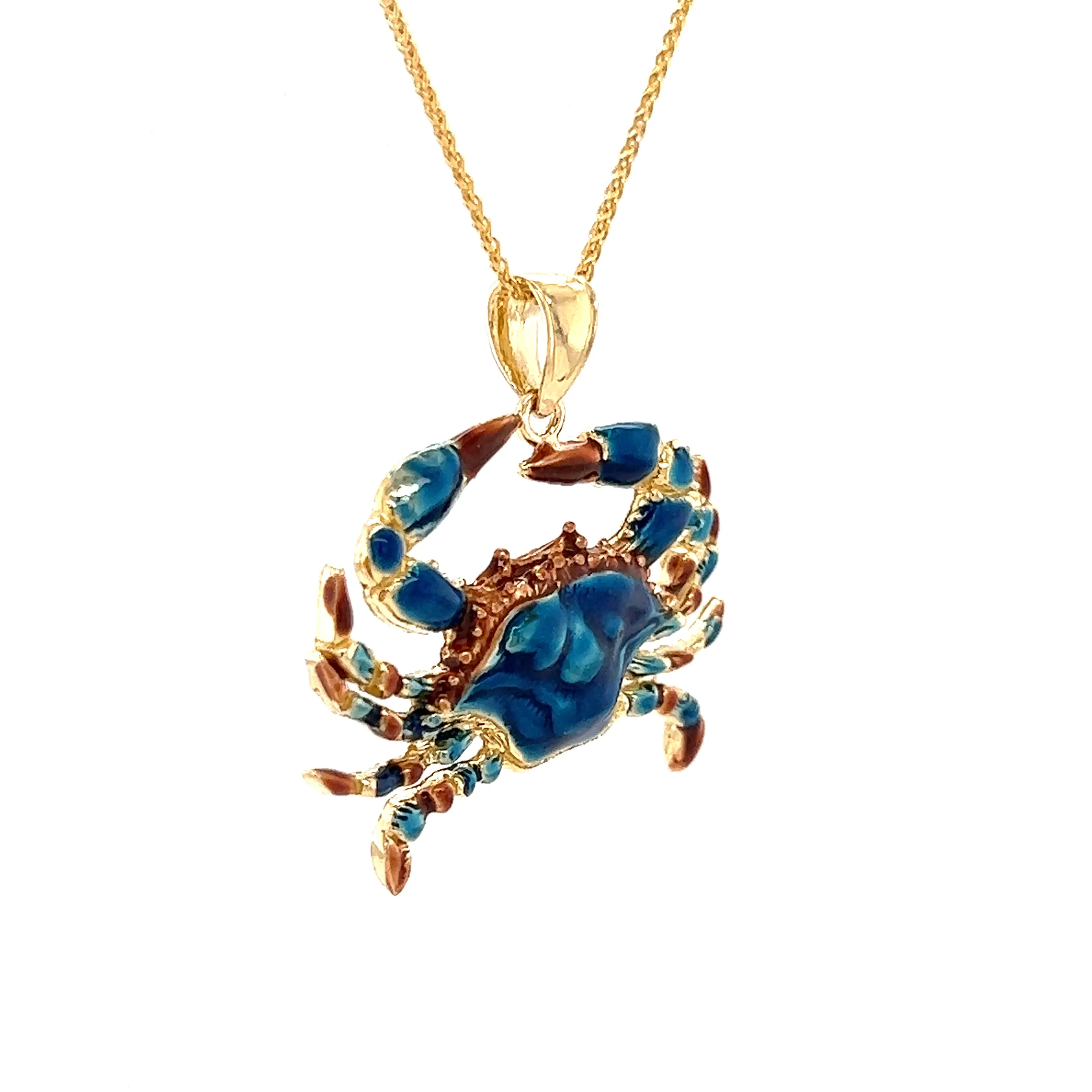 Blue Crab Large Pendant with Enameling in 14K Yellow Gold