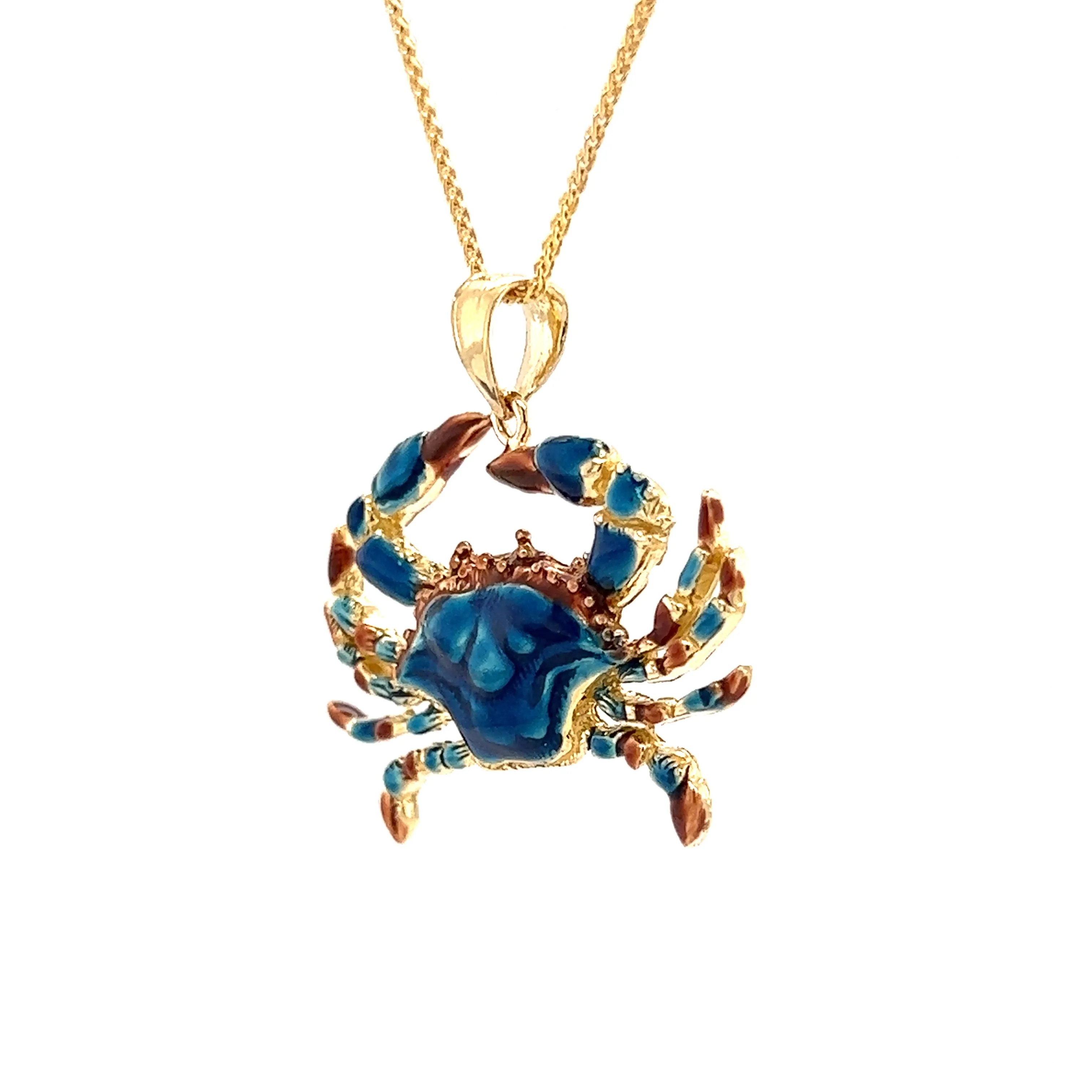 Blue Crab Large Pendant with Enameling in 14K Yellow Gold