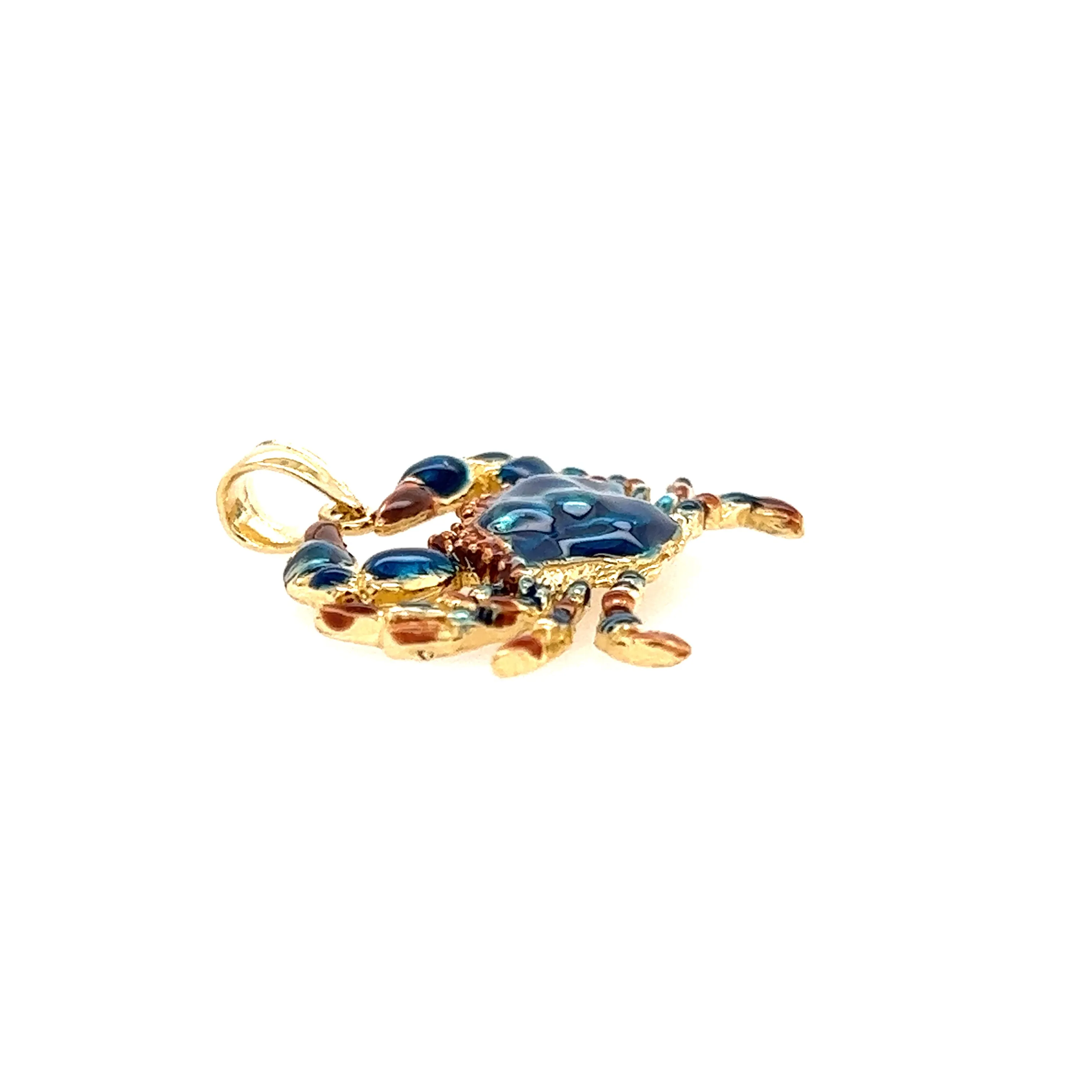 Blue Crab Large Pendant with Enameling in 14K Yellow Gold