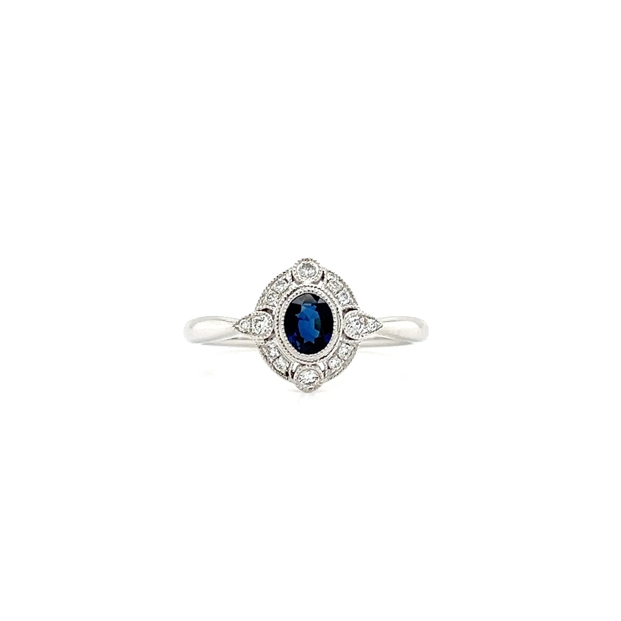 Blue Sapphire Ring with Milgrain Diamond Halo in 14K White Gold