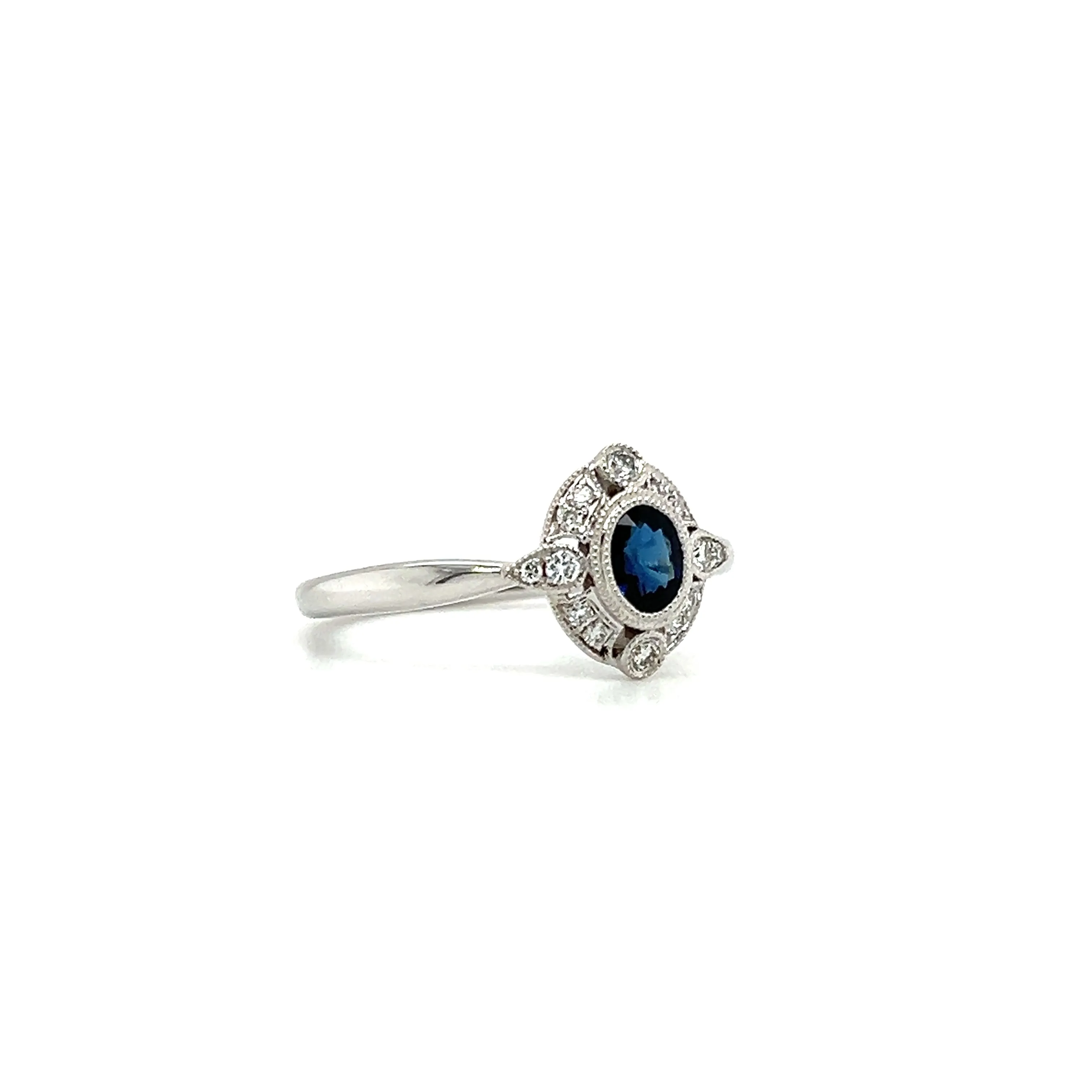 Blue Sapphire Ring with Milgrain Diamond Halo in 14K White Gold