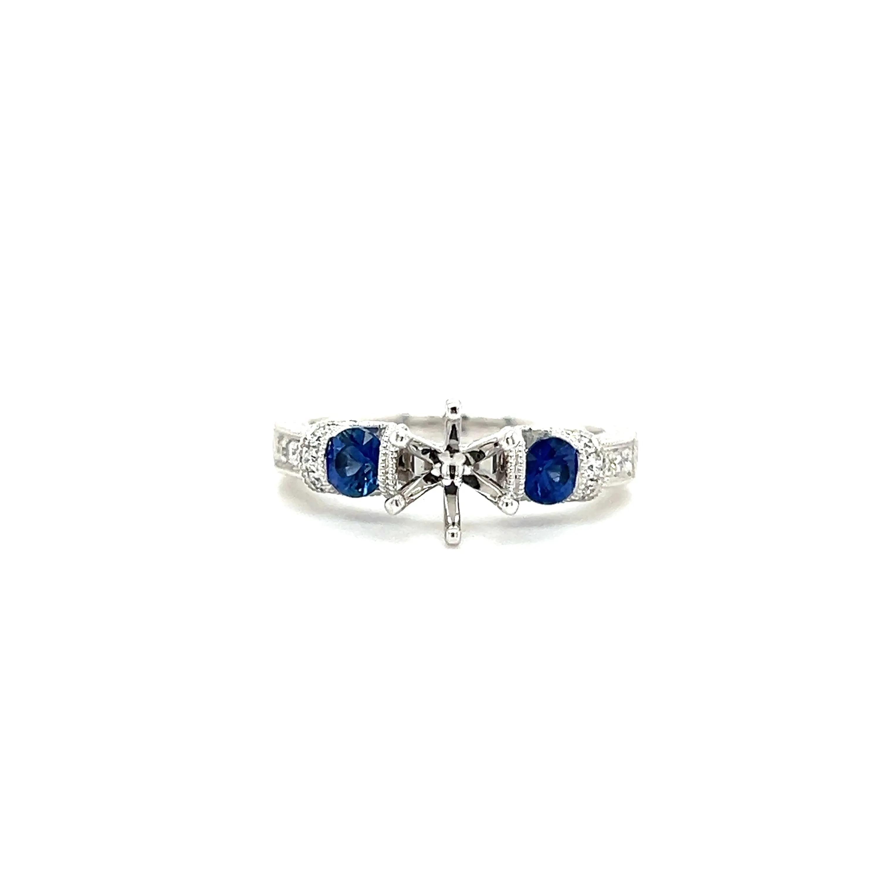 Blue Sapphire Three Stone Ring Setting with 0.15ctw of Diamonds in 14K White Gold