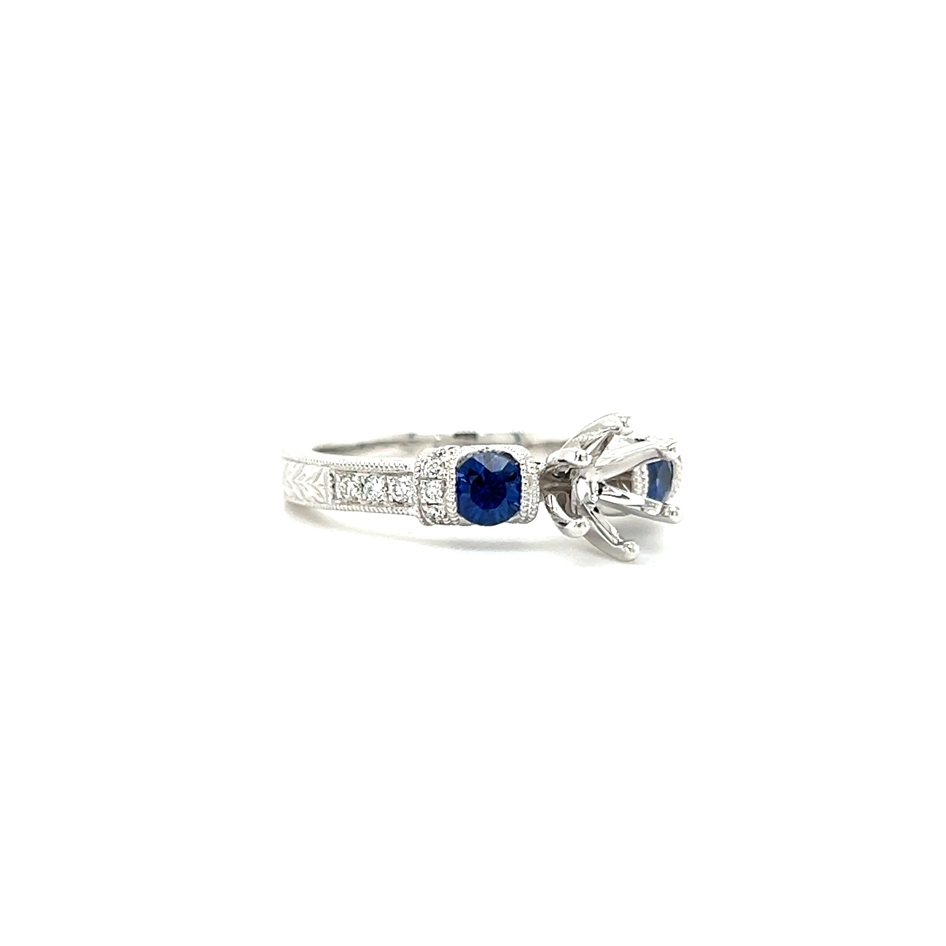 Blue Sapphire Three Stone Ring Setting with 0.15ctw of Diamonds in 14K White Gold