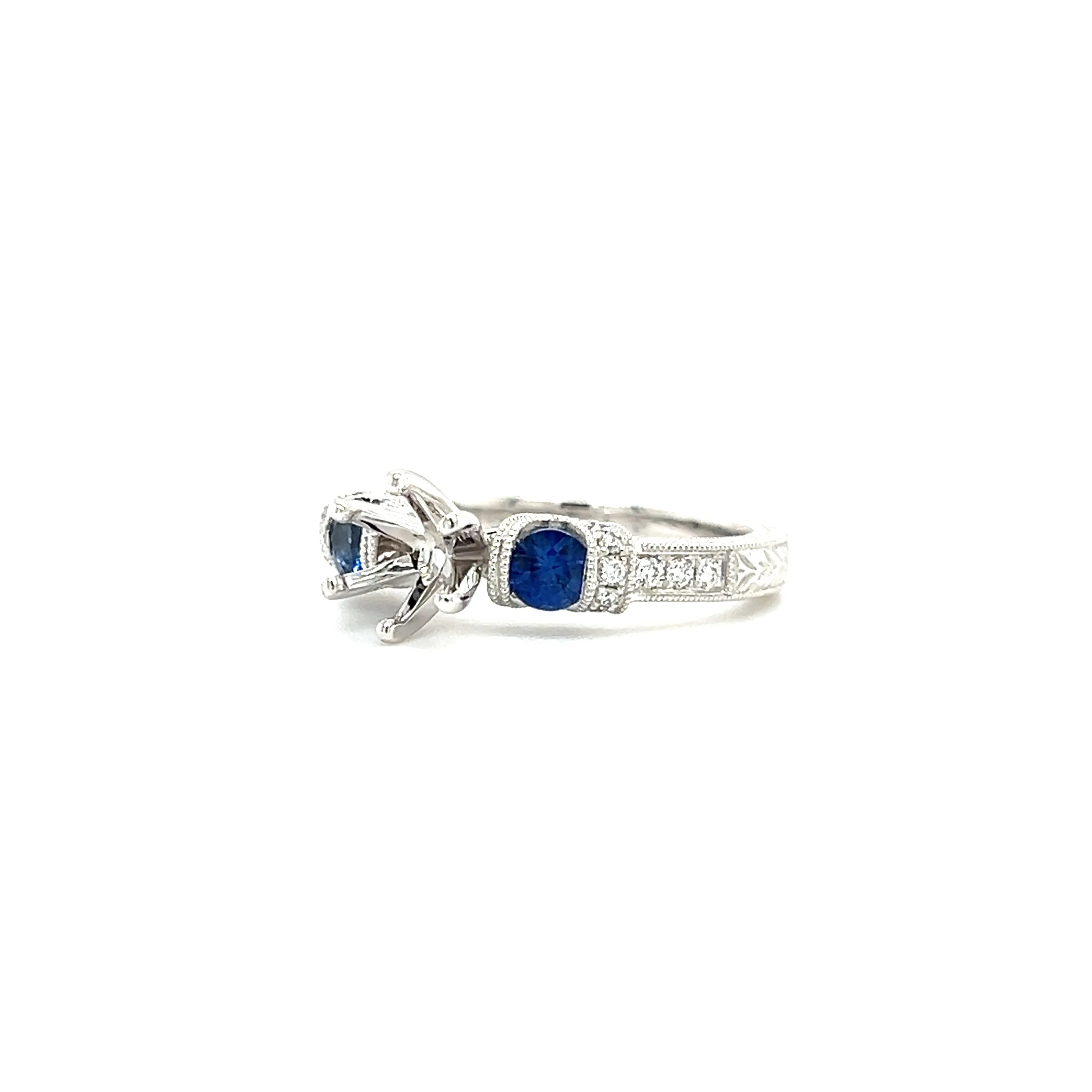 Blue Sapphire Three Stone Ring Setting with 0.15ctw of Diamonds in 14K White Gold