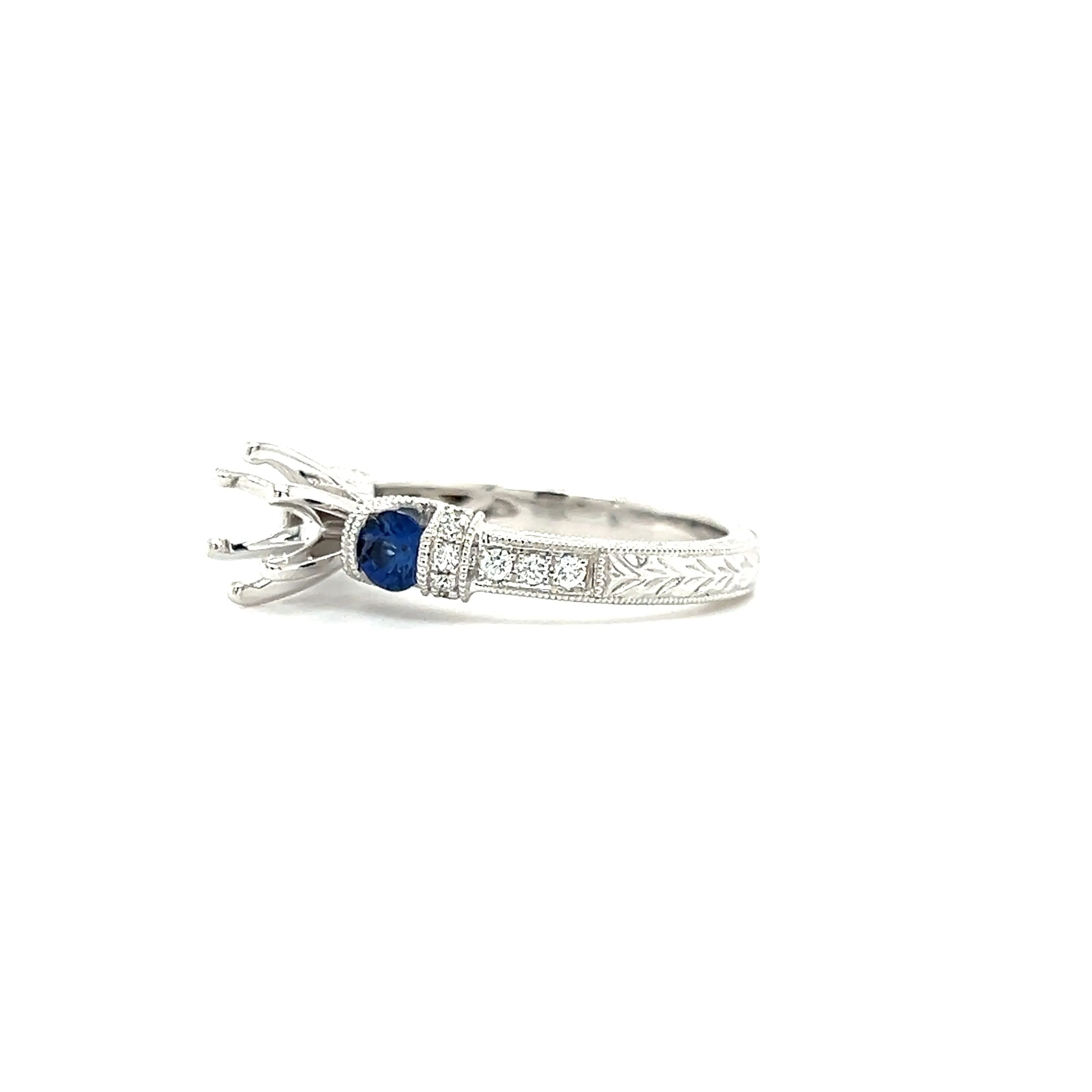 Blue Sapphire Three Stone Ring Setting with 0.15ctw of Diamonds in 14K White Gold