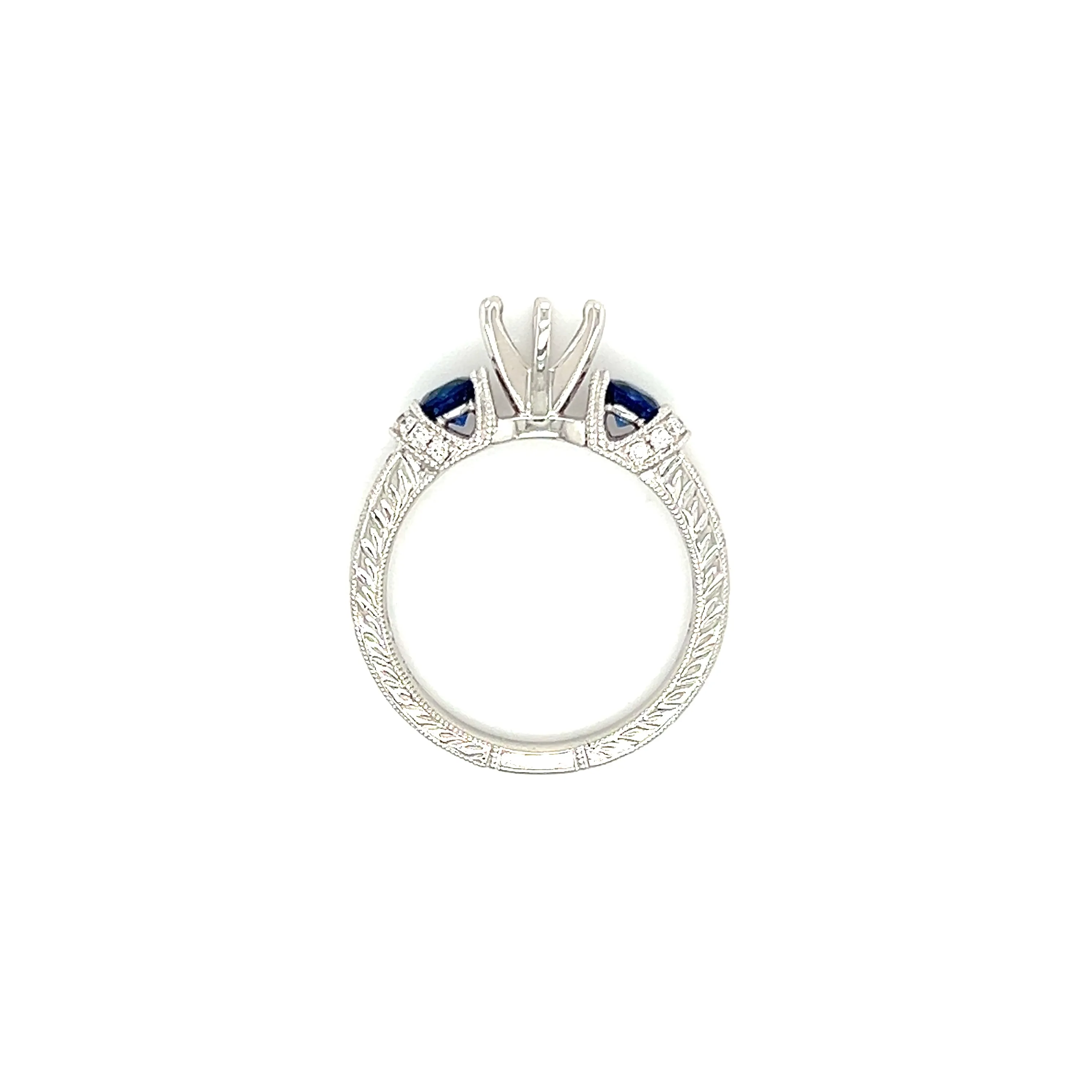 Blue Sapphire Three Stone Ring Setting with 0.15ctw of Diamonds in 14K White Gold