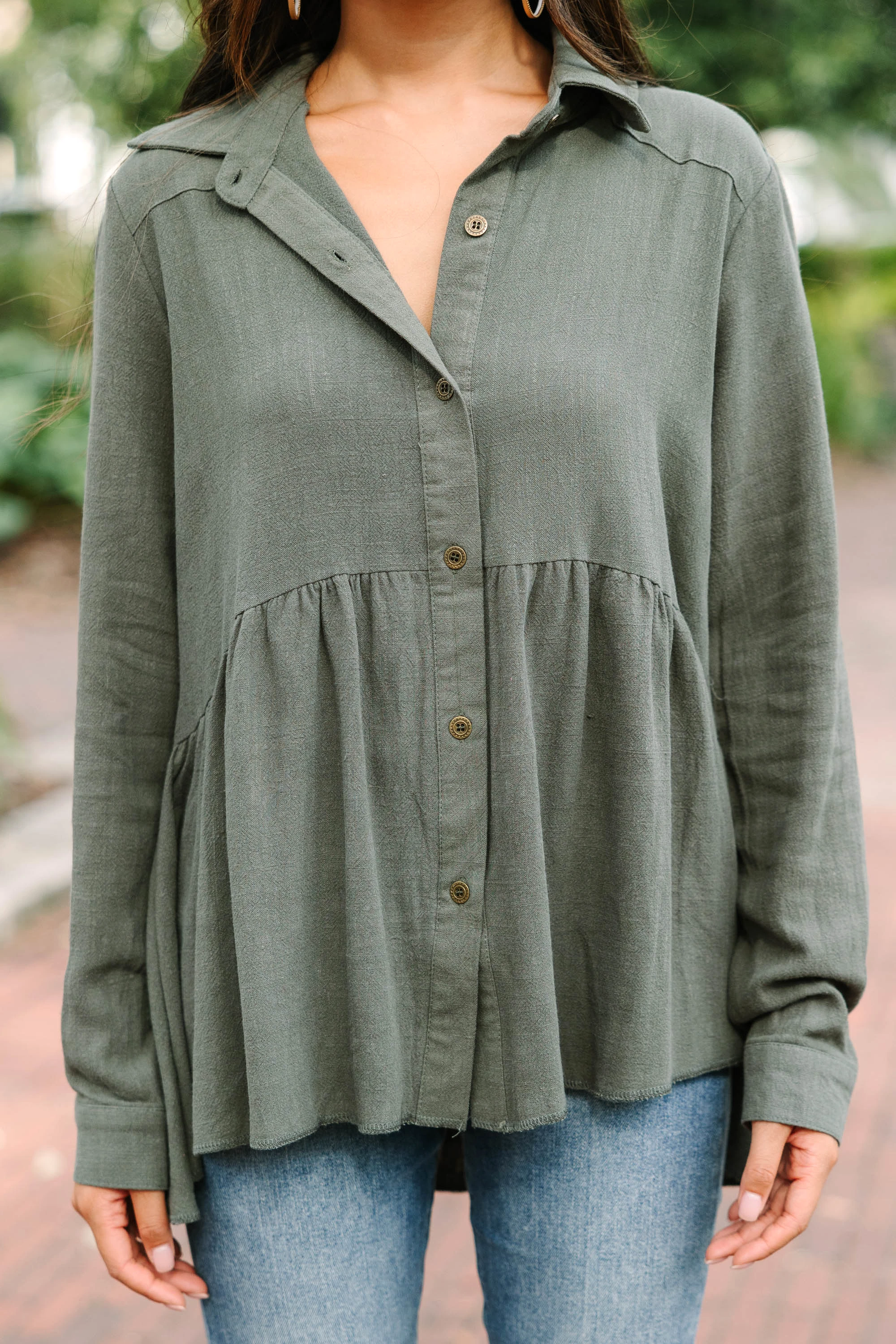 Call On Me Army Green Linen Top