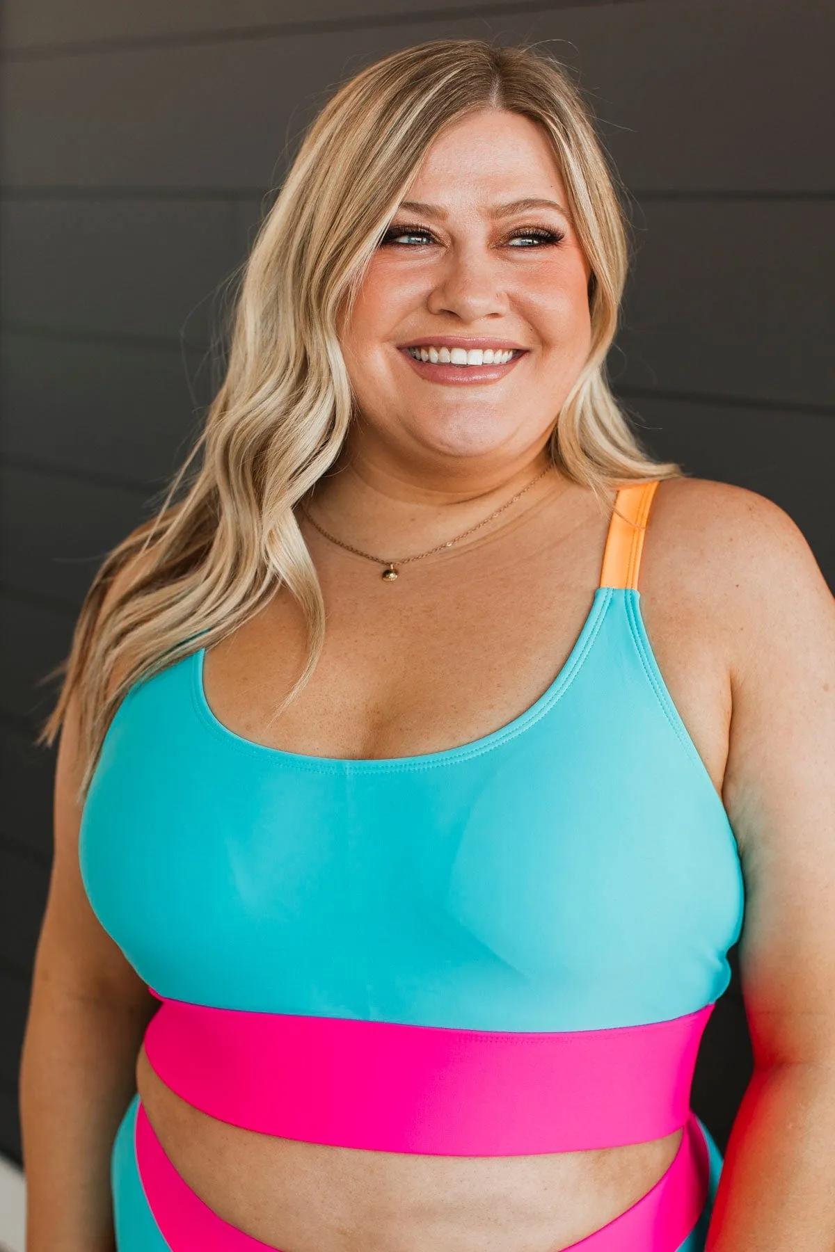 Catching Waves Bikini Swim Top- Blue, Bright Pink, & Orange