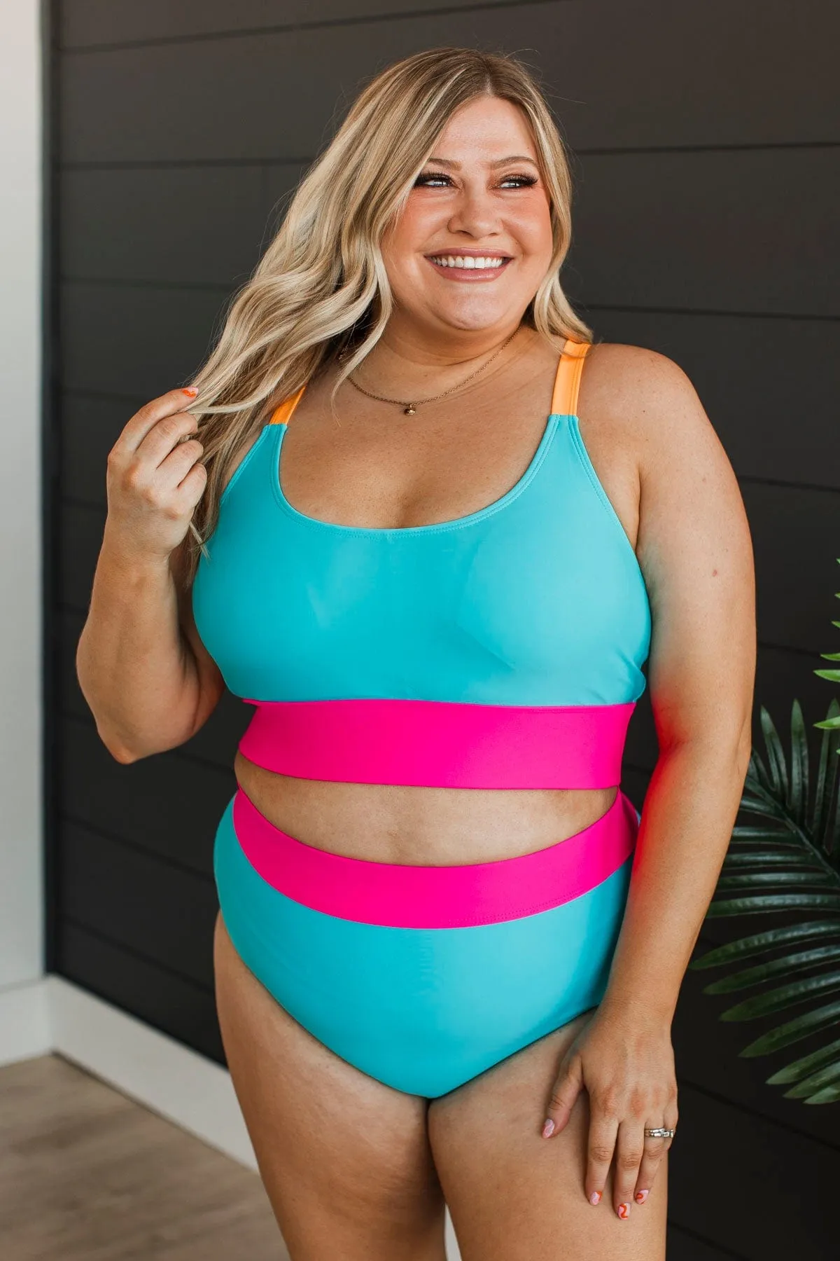 Catching Waves Bikini Swim Top- Blue, Bright Pink, & Orange