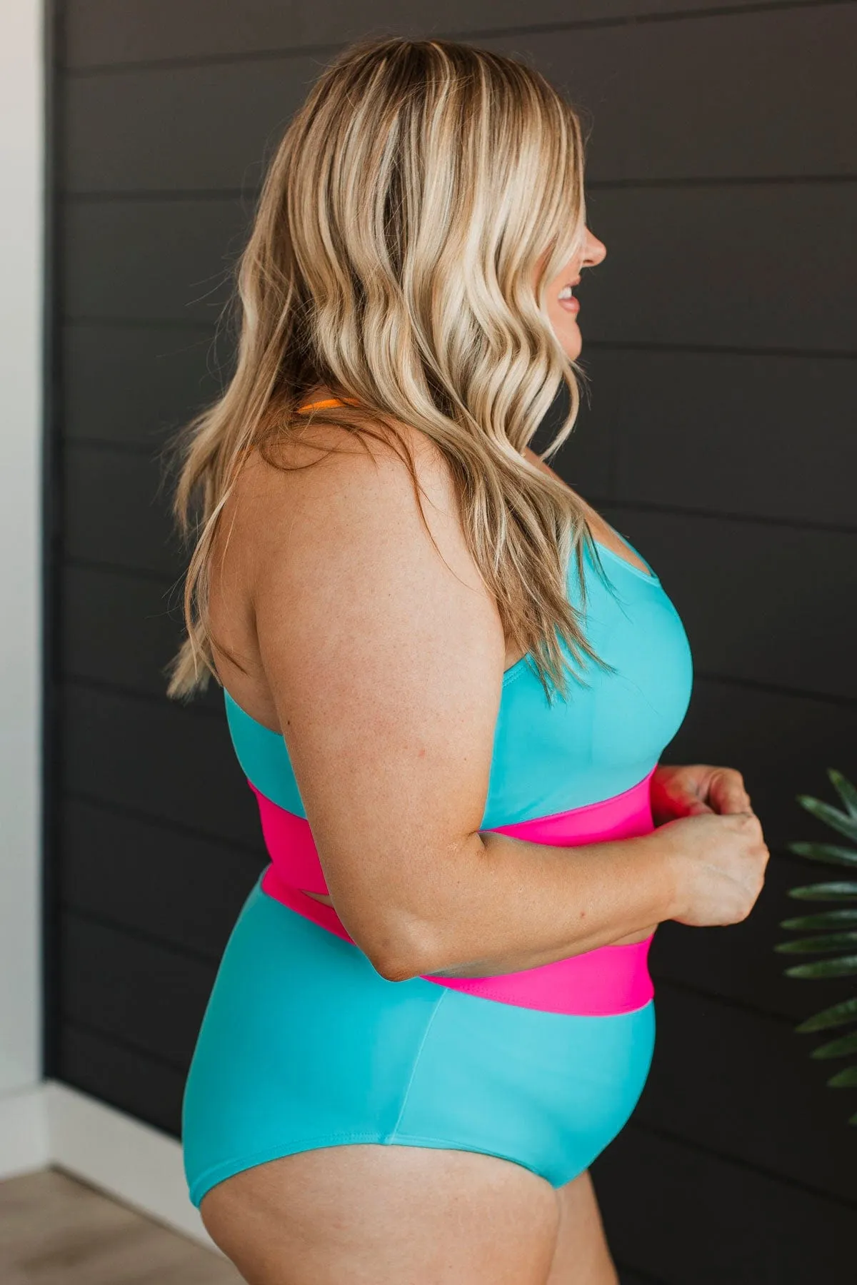 Catching Waves Bikini Swim Top- Blue, Bright Pink, & Orange