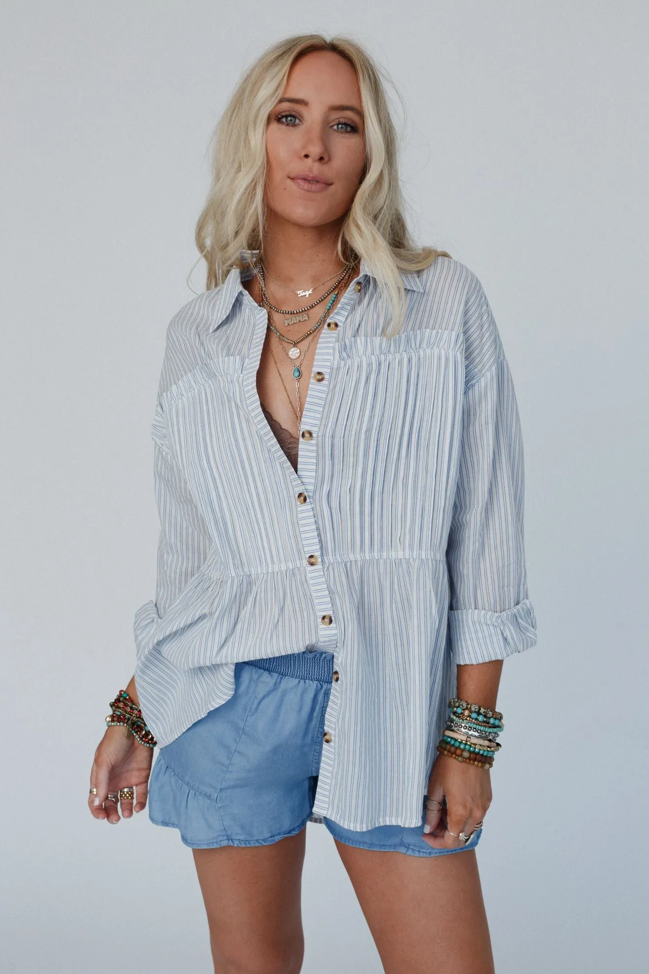 Classic Lines Button Up Top - Blue