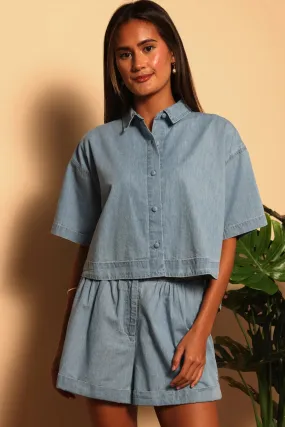 Cropped Collared Denim Block Button Down Top