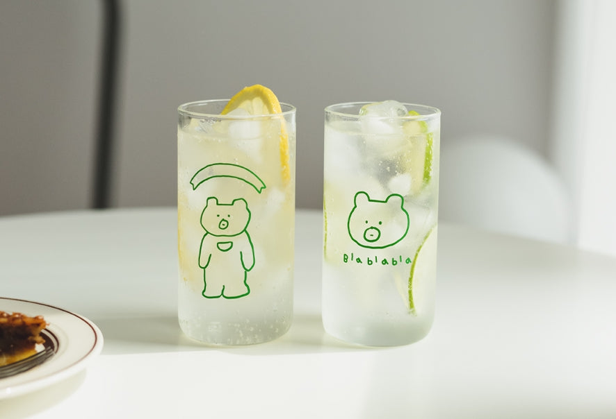 Cute Green Bear illlust Graphic Clear Mugs Glasses Printed Vintage Cups 370ml Gifts Kitchen Dinnerware Cold Hot Milk Coffee