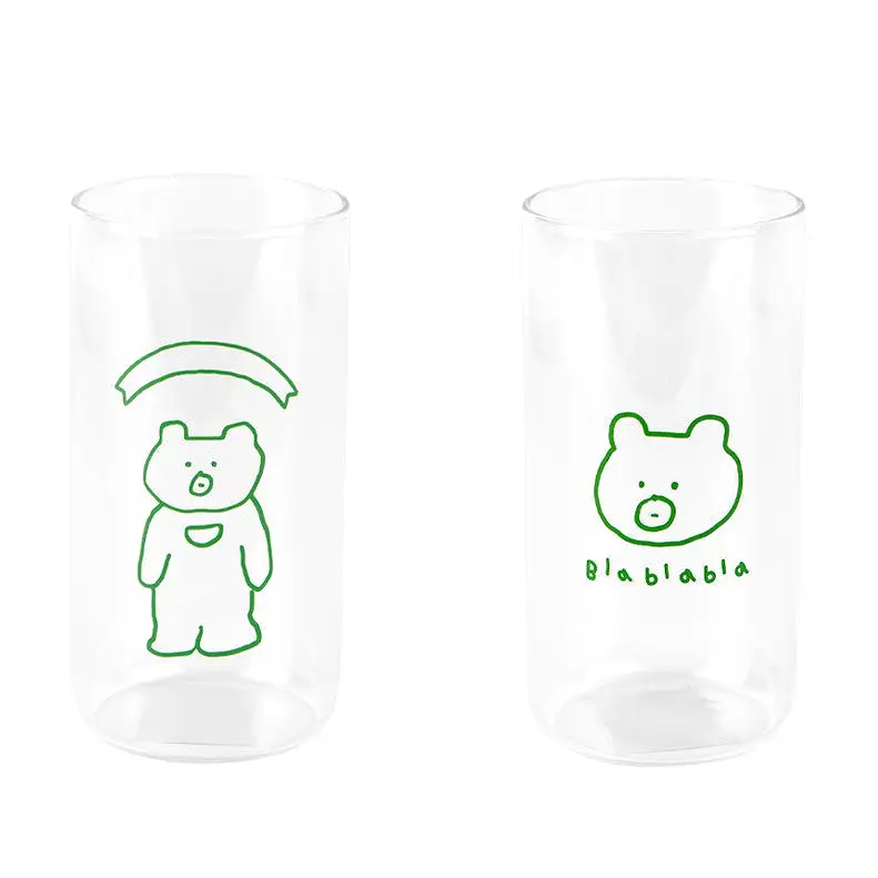 Cute Green Bear illlust Graphic Clear Mugs Glasses Printed Vintage Cups 370ml Gifts Kitchen Dinnerware Cold Hot Milk Coffee