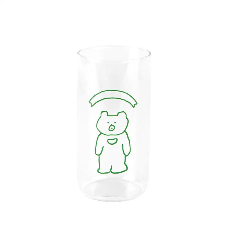 Cute Green Bear illlust Graphic Clear Mugs Glasses Printed Vintage Cups 370ml Gifts Kitchen Dinnerware Cold Hot Milk Coffee