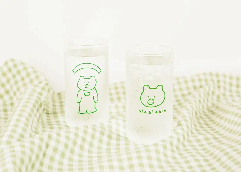 Cute Green Bear illlust Graphic Clear Mugs Glasses Printed Vintage Cups 370ml Gifts Kitchen Dinnerware Cold Hot Milk Coffee