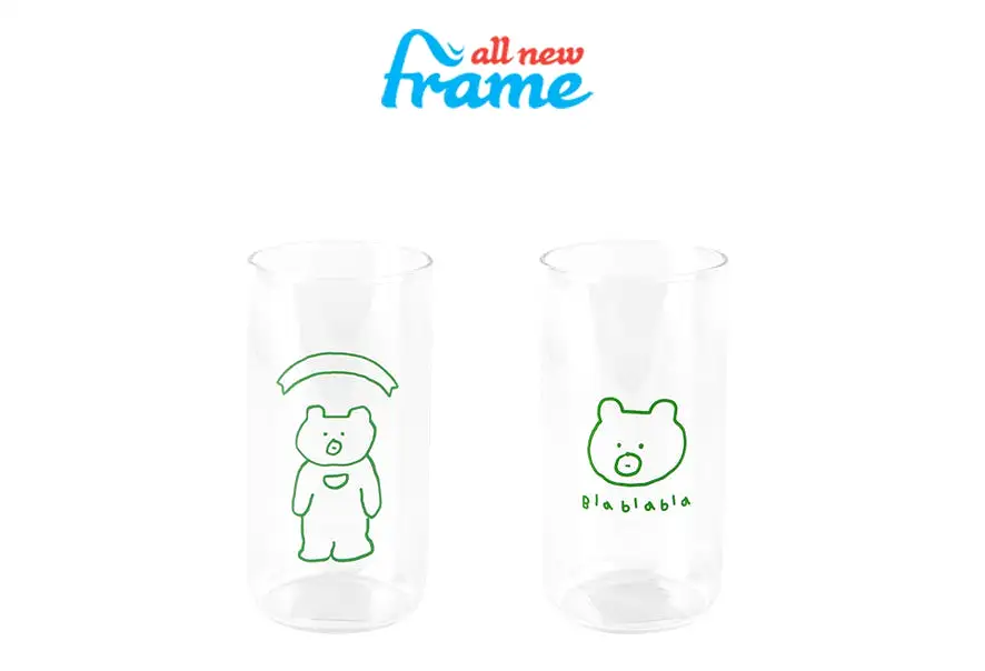 Cute Green Bear illlust Graphic Clear Mugs Glasses Printed Vintage Cups 370ml Gifts Kitchen Dinnerware Cold Hot Milk Coffee