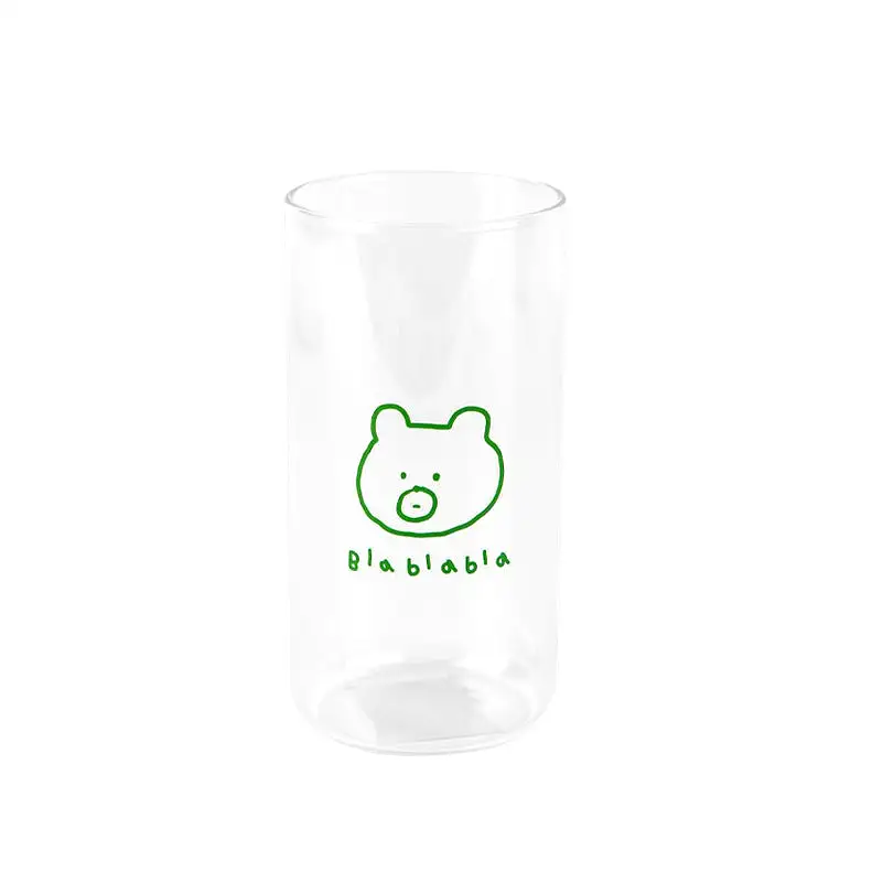 Cute Green Bear illlust Graphic Clear Mugs Glasses Printed Vintage Cups 370ml Gifts Kitchen Dinnerware Cold Hot Milk Coffee