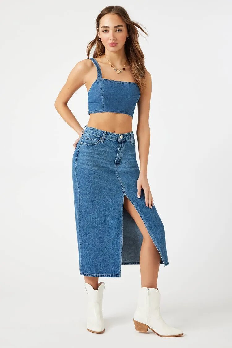 Denim Smocked Crop Top