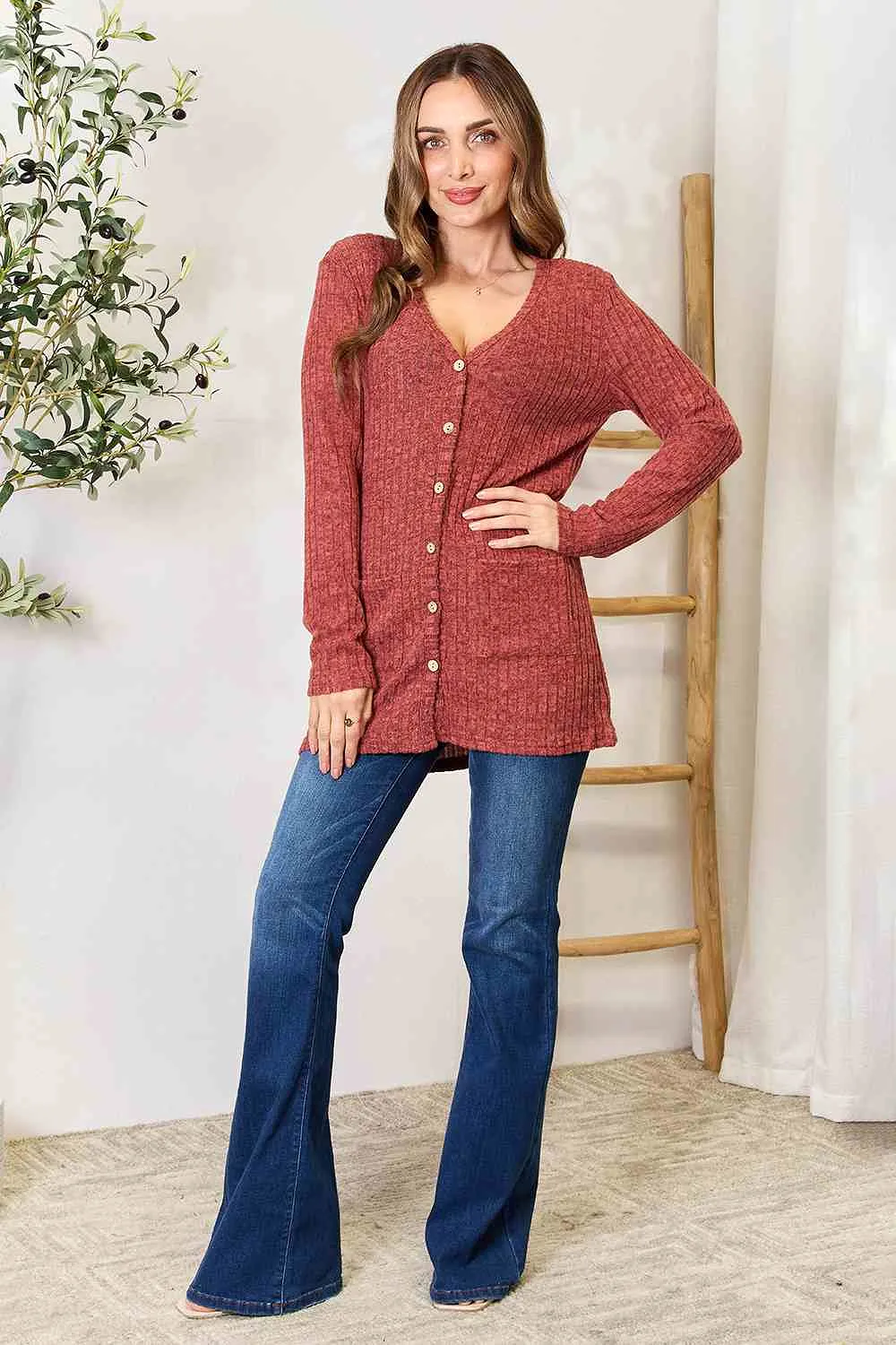 Double Take Ribbed Button-Up Cardigan with Pockets