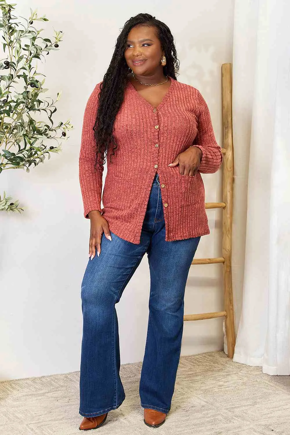 Double Take Ribbed Button-Up Cardigan with Pockets