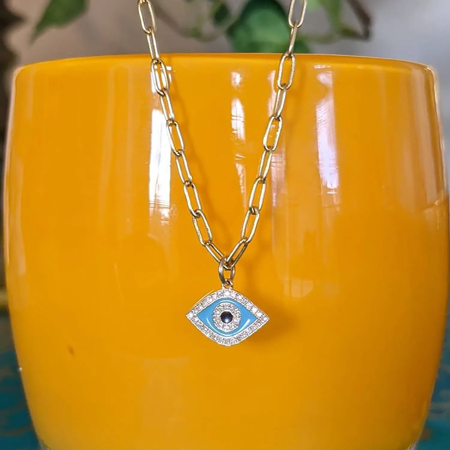 Evil Eye Necklace in Blue Enamel With Diamonds