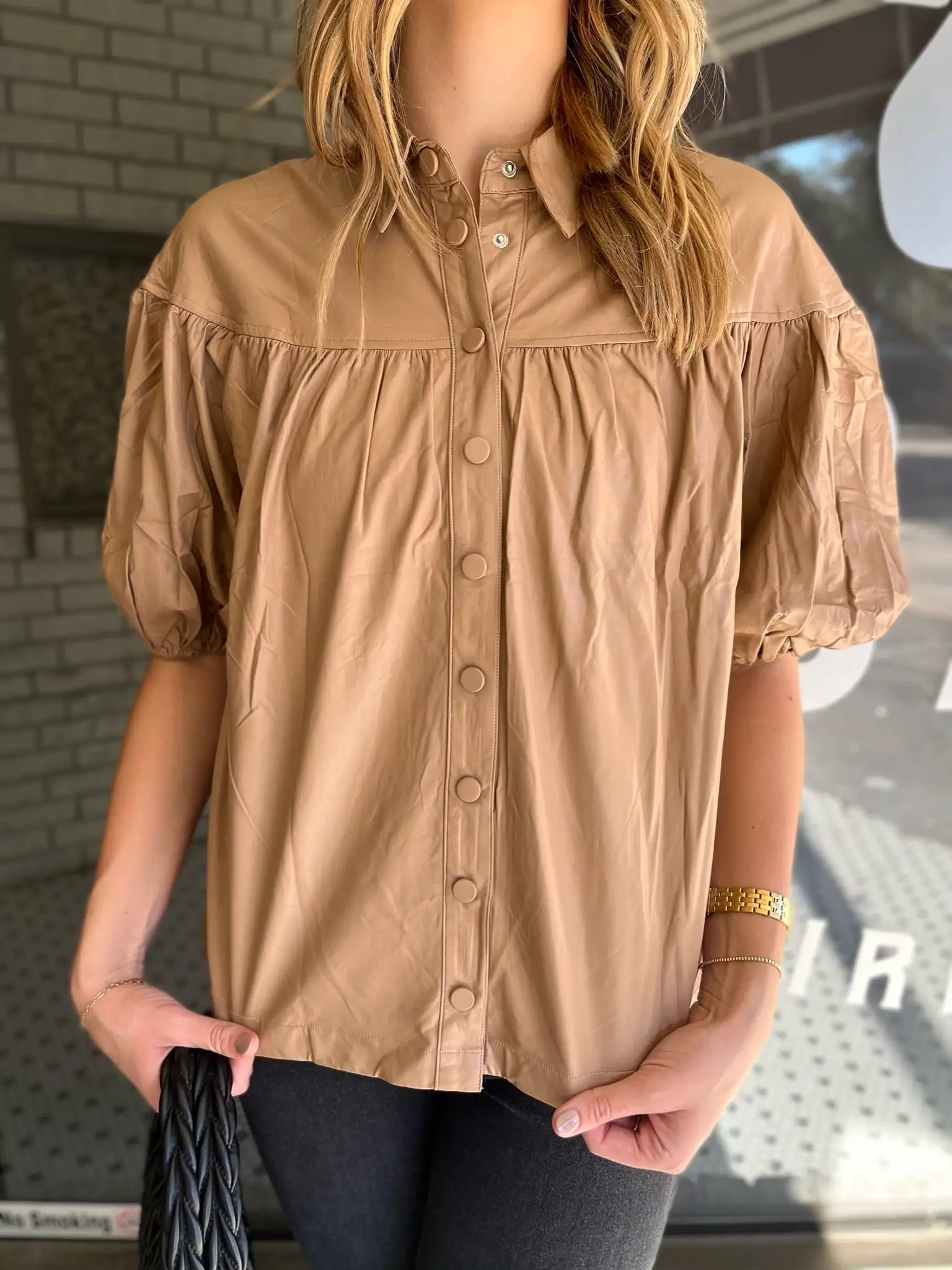 Faux Leather Button Down Top - Camel