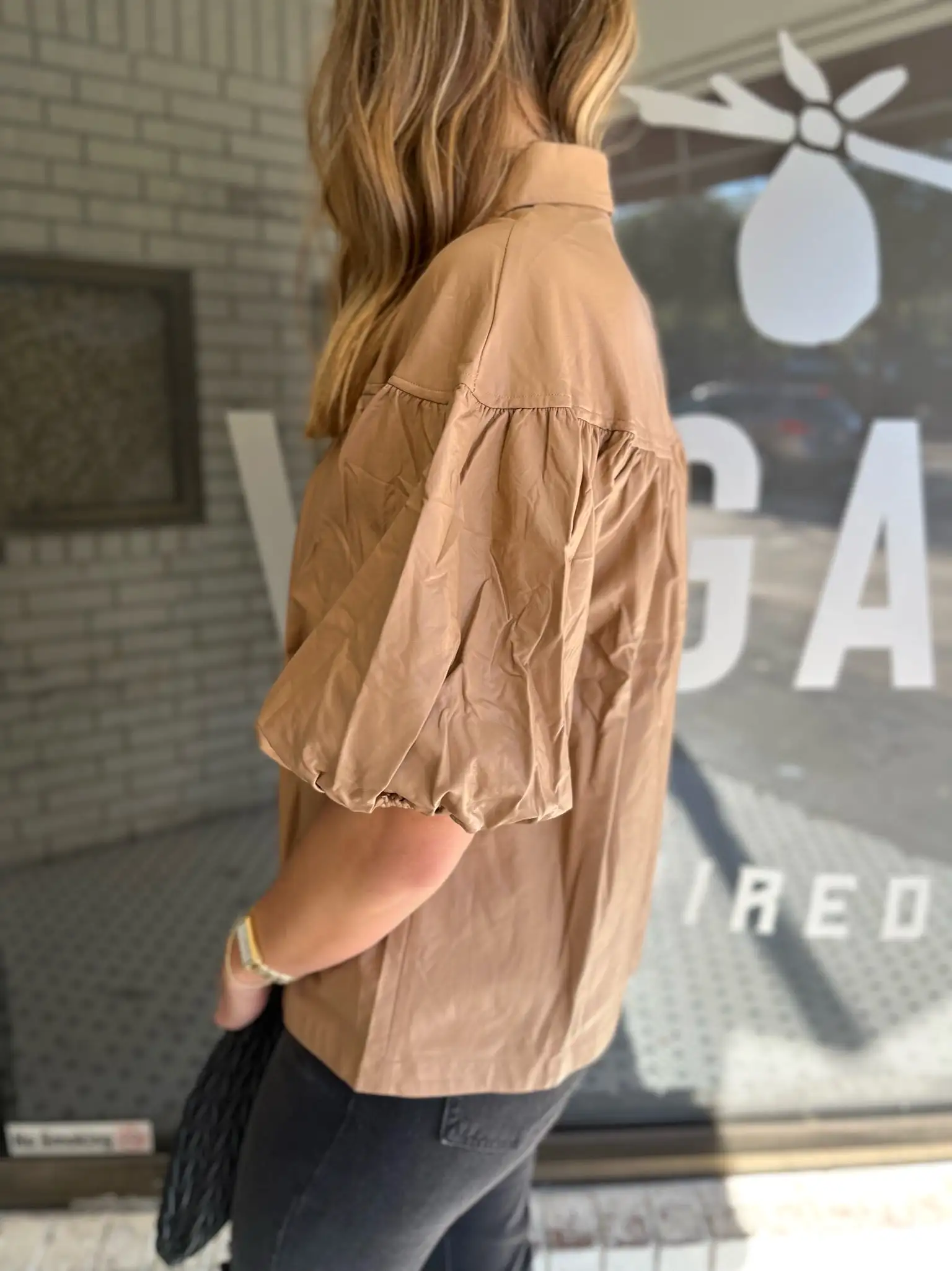 Faux Leather Button Down Top - Camel