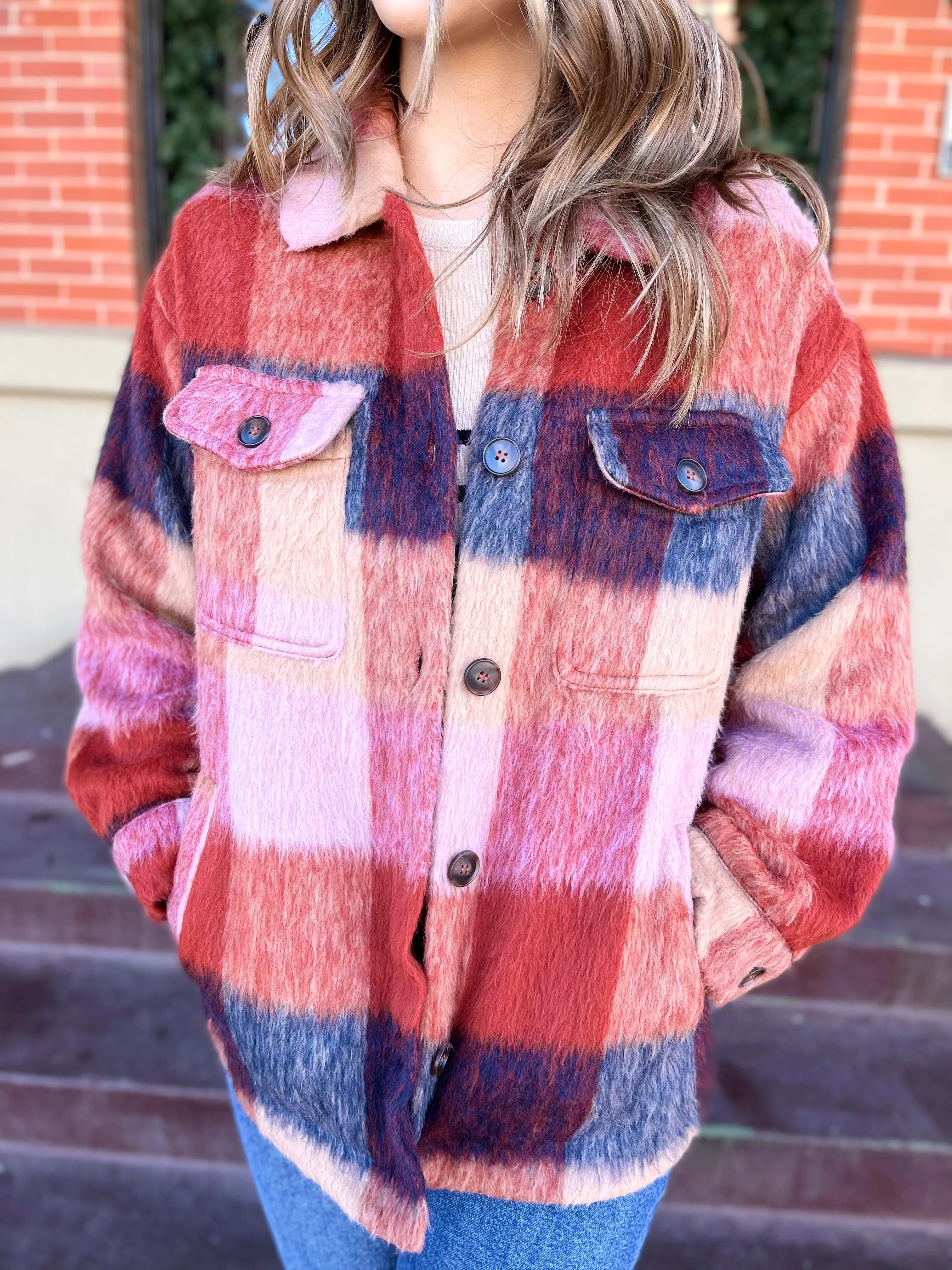 Felted Gingham Button-Up Shacket- Brick