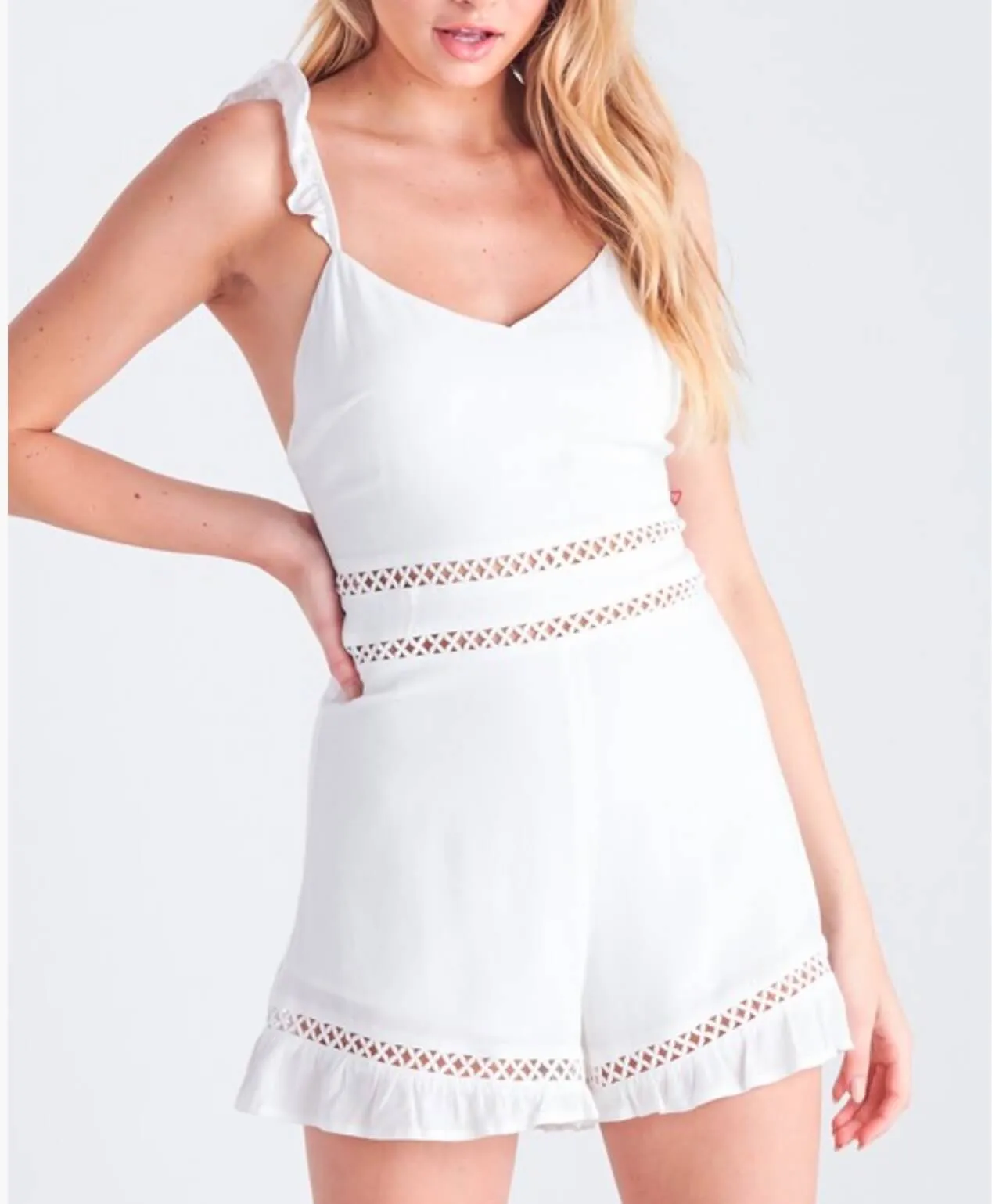 Final Sale - Sleeveless Eyelet Detailed Ruffled Romper - Off White