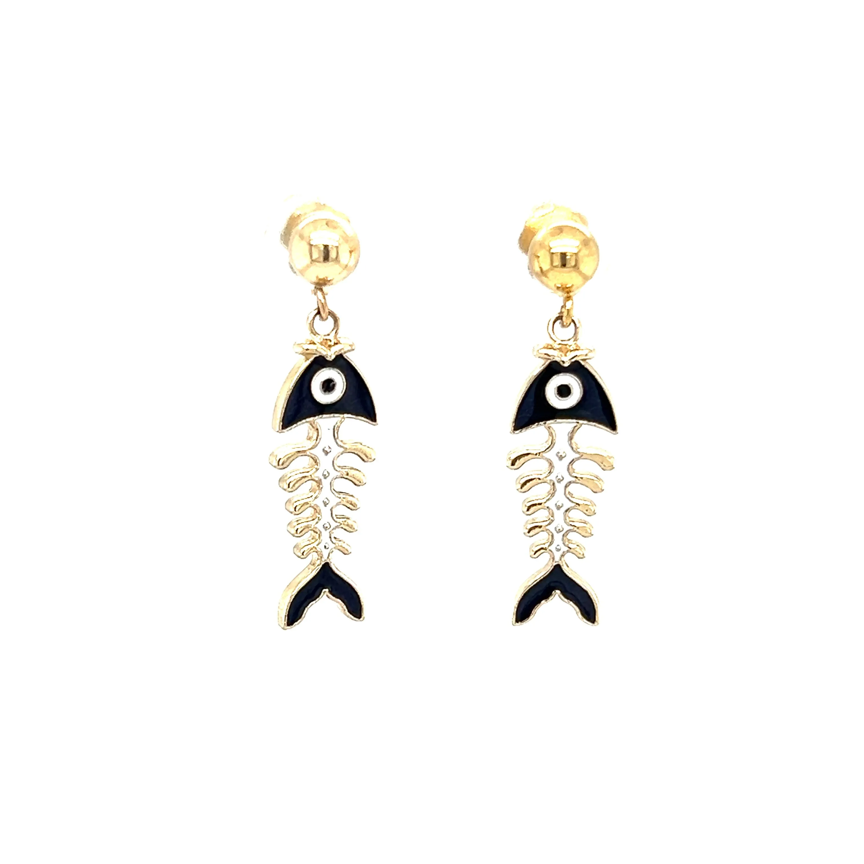 Fish Skeleton Dangle Earrings with Blue Enamel in 14K Yellow Gold