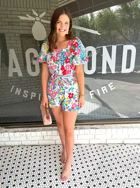 Floral Print Puff Sleeve Romper - Off White