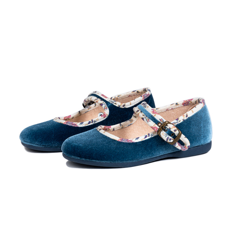 Floral Velvet Mary Janes in Blue