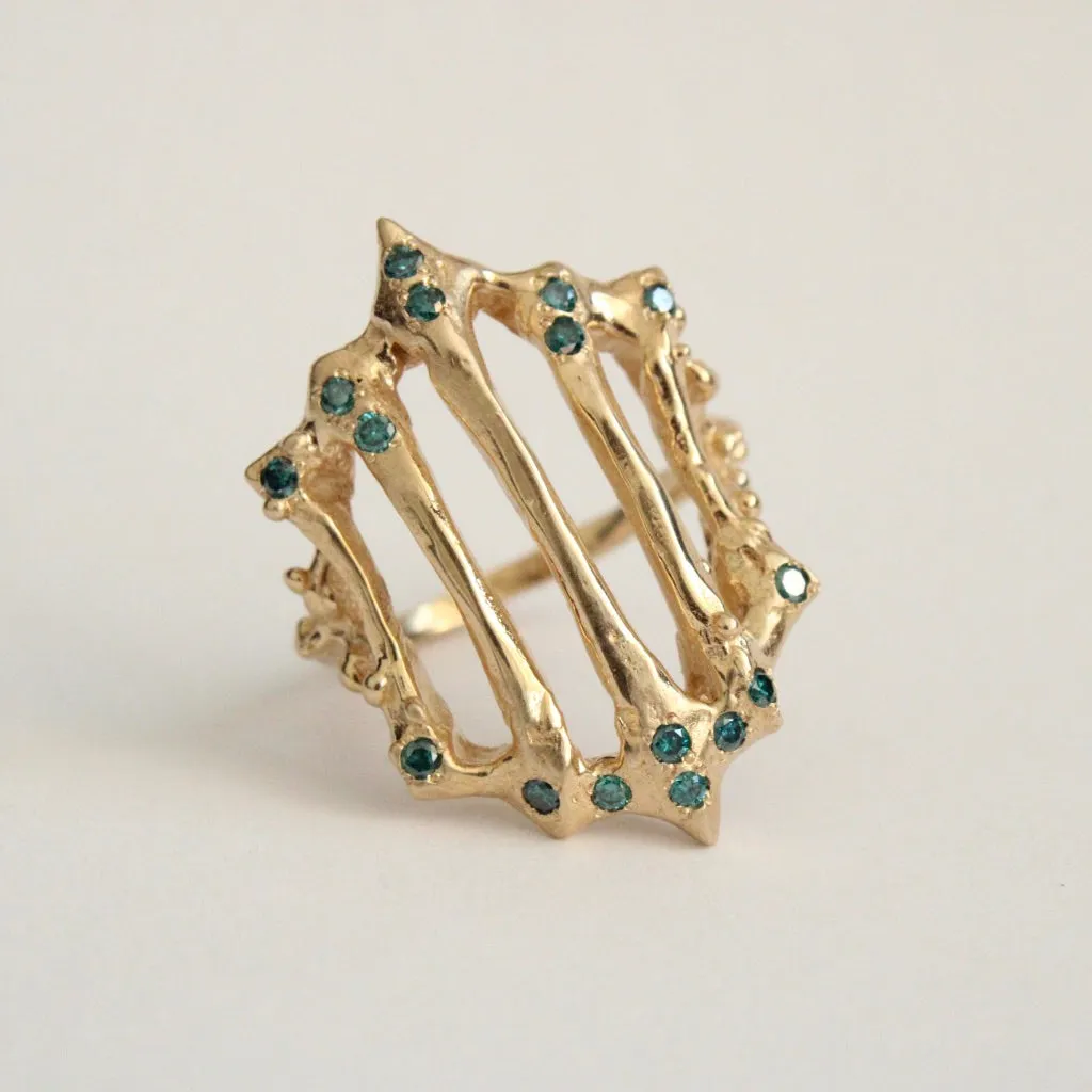 Gothic Gold Gate Ring with Blue Diamonds in 14 Karat Yellow Gold