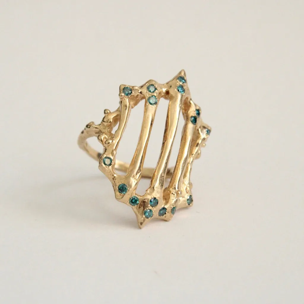 Gothic Gold Gate Ring with Blue Diamonds in 14 Karat Yellow Gold