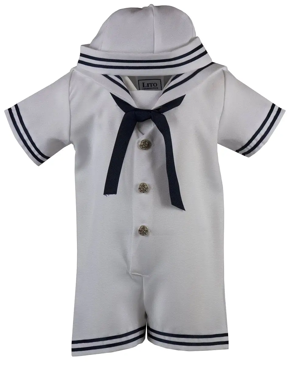 Infant Toddler White with Navy Blue Vintage Cruise Romper Outfit with Sailor Hat