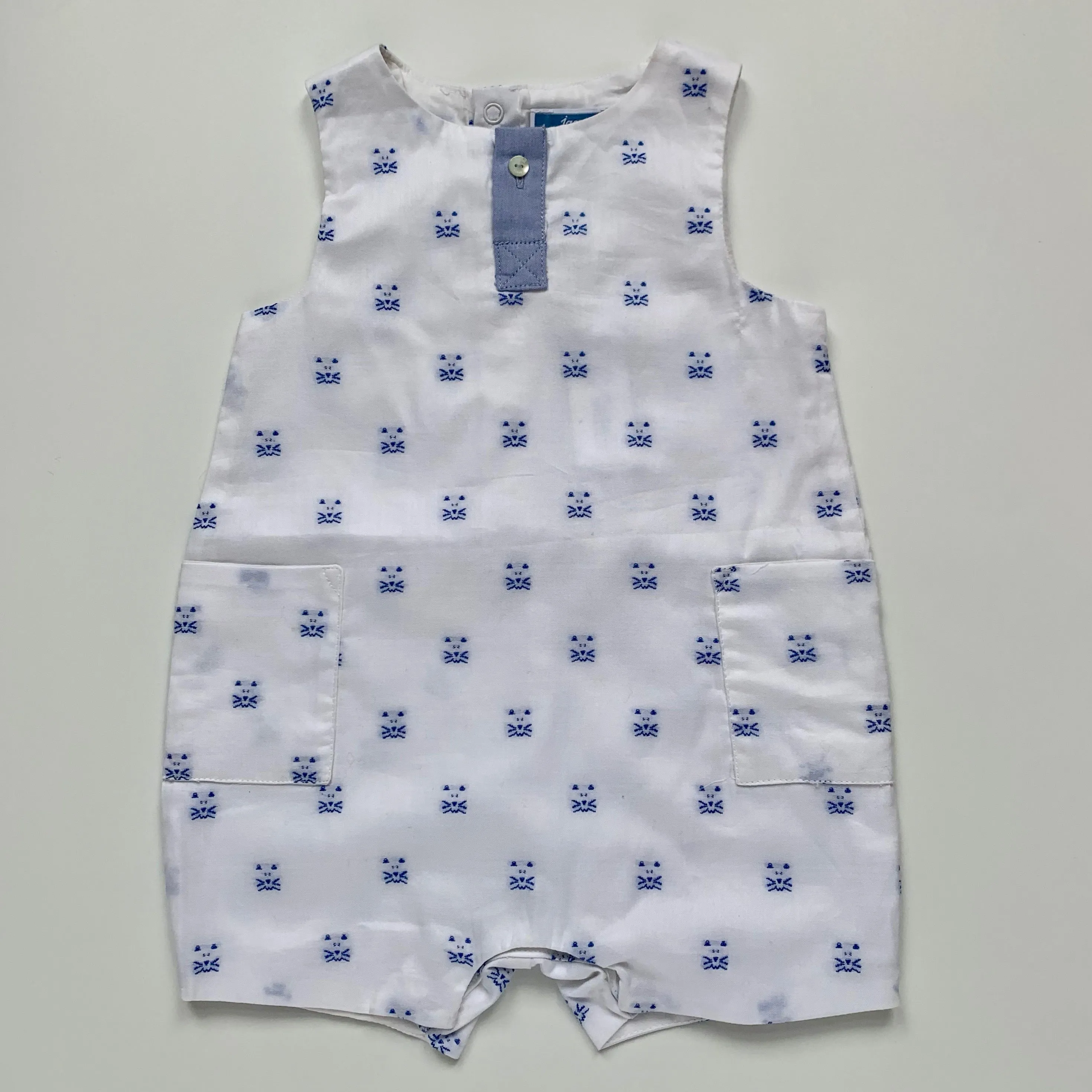 Jacadi Blue And White Cat Print Romper: 6 Months (Brand New)