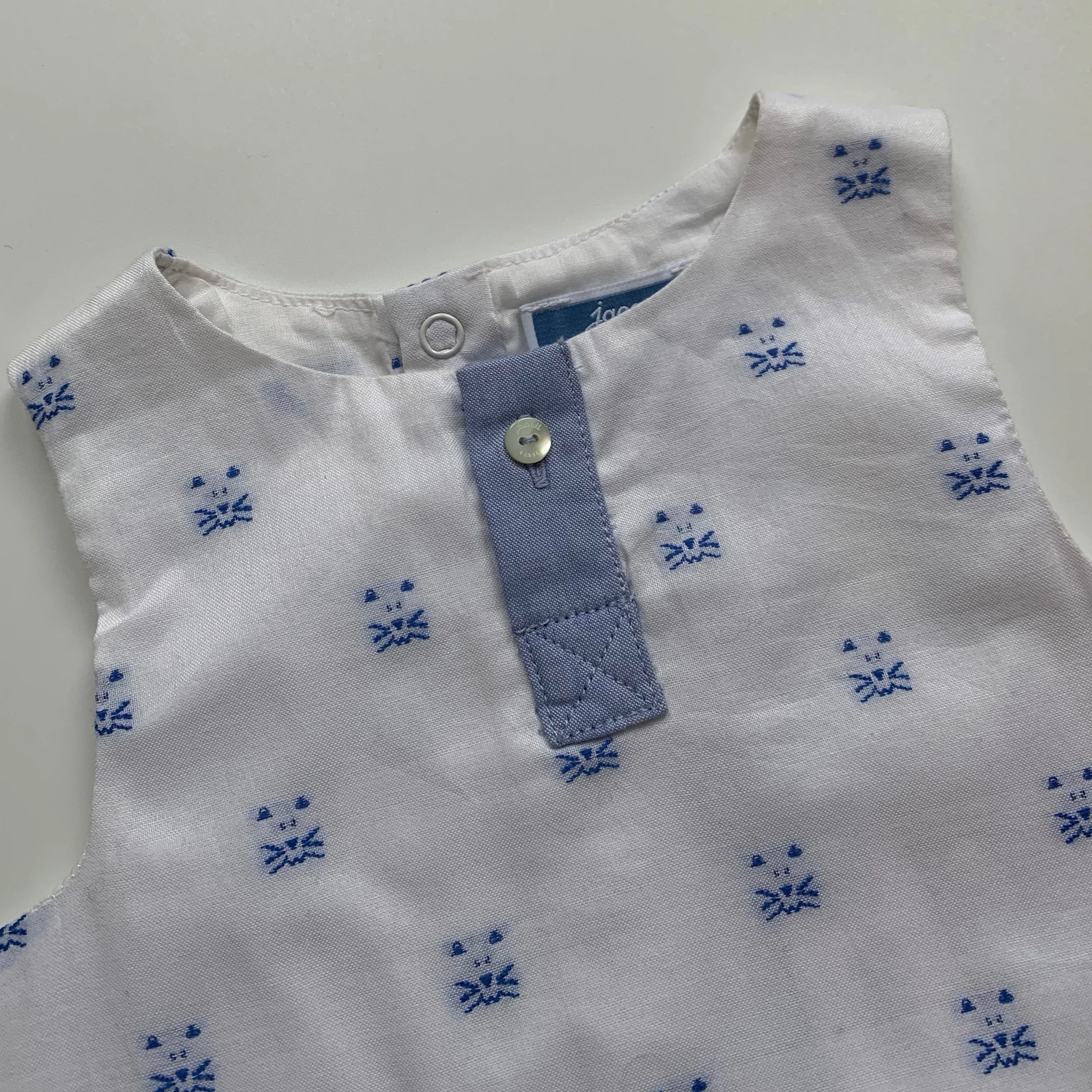 Jacadi Blue And White Cat Print Romper: 6 Months (Brand New)