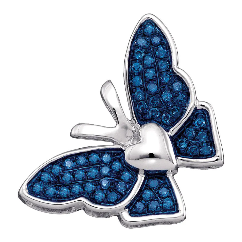 Keene Jewelers 10kt White Gold Womens Round Blue Color Enhanced Diamond Butterfly Bug Pendant 1/6 Cttw