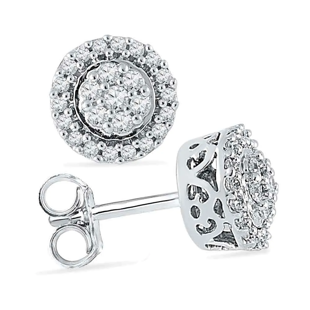 Keene Jewelers 10kt White Gold Womens Round Diamond Flower Cluster Earrings 1/4 Cttw