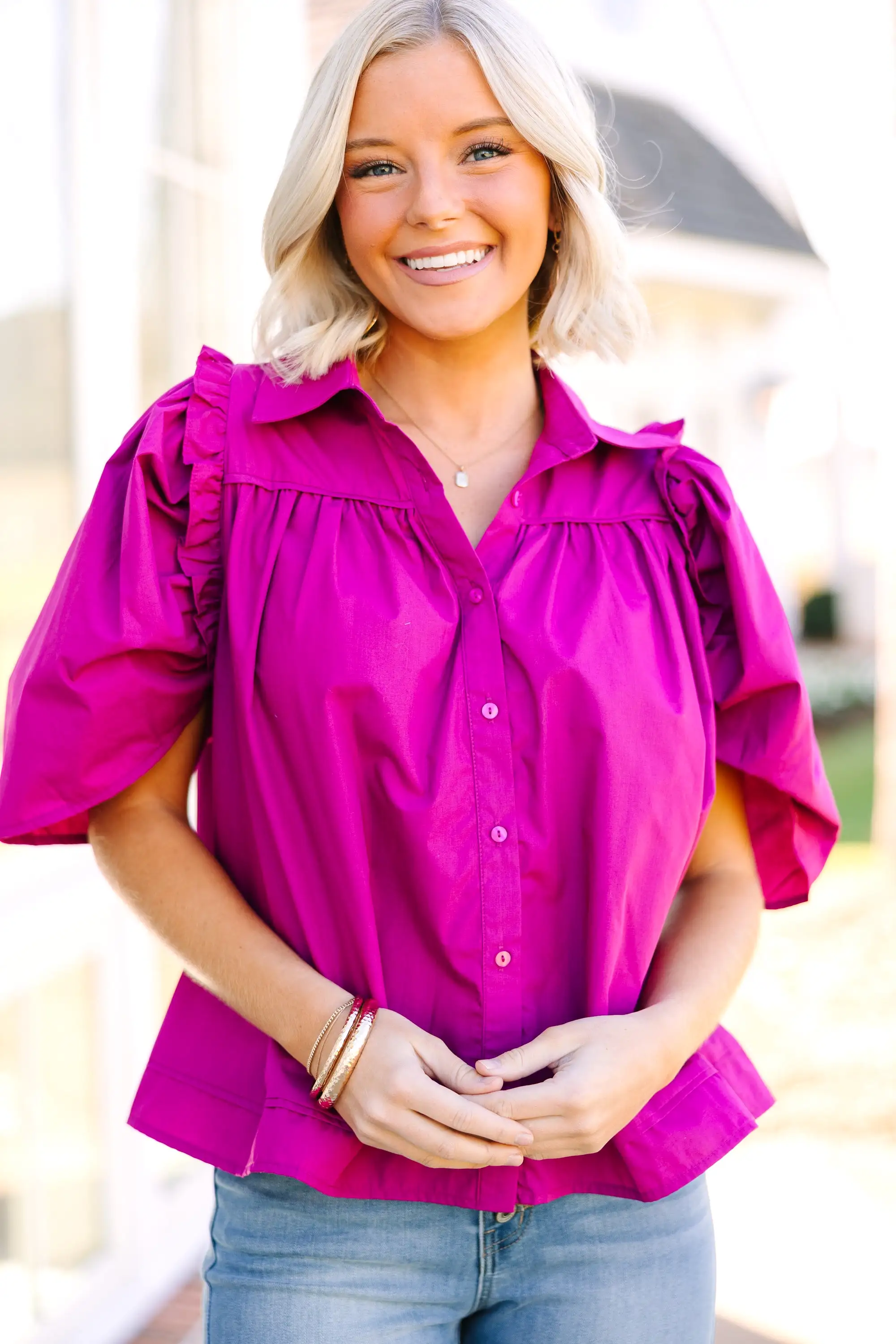 Know You Better Magenta Pink Puff Sleeve Blouse