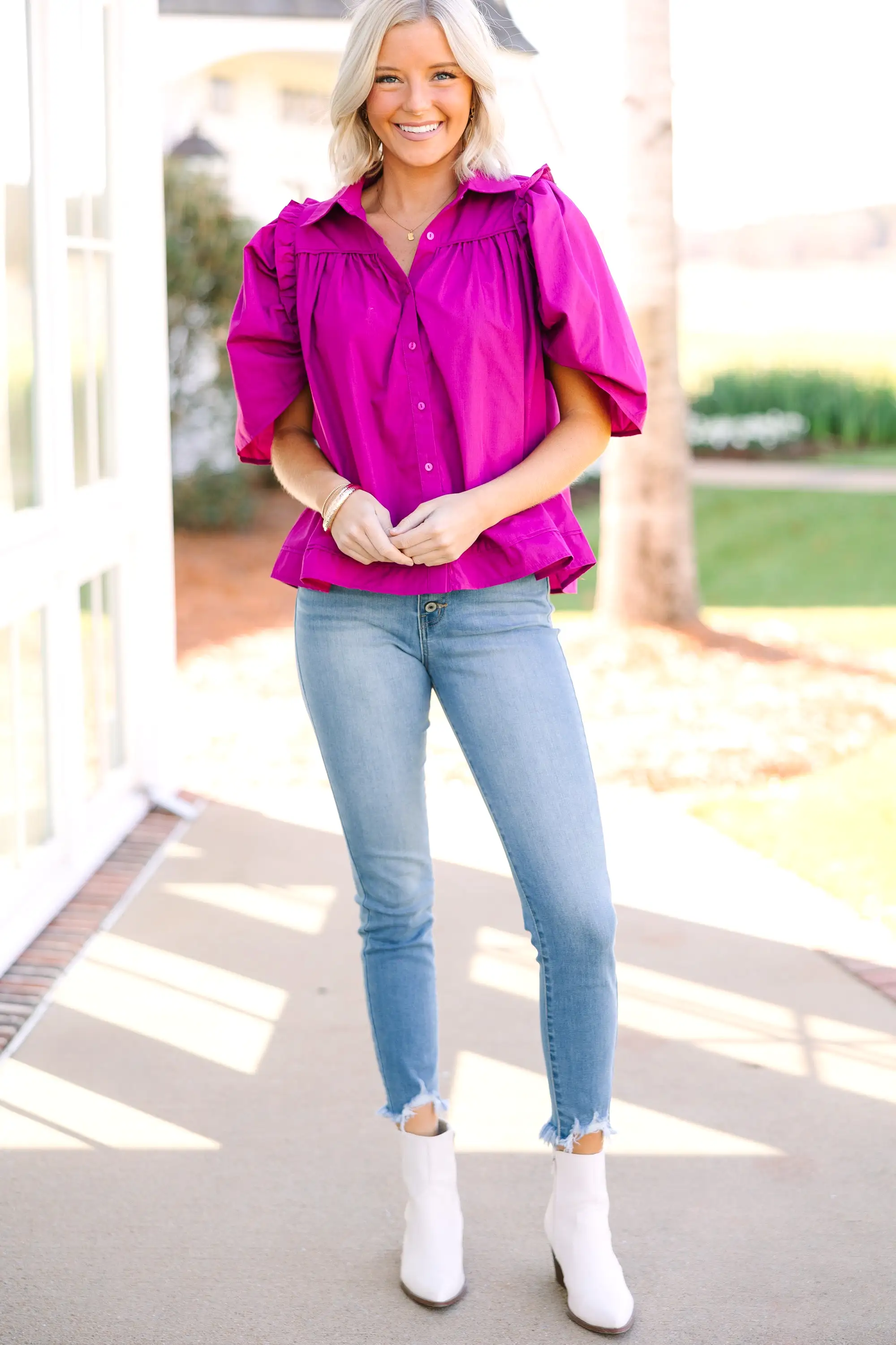 Know You Better Magenta Pink Puff Sleeve Blouse