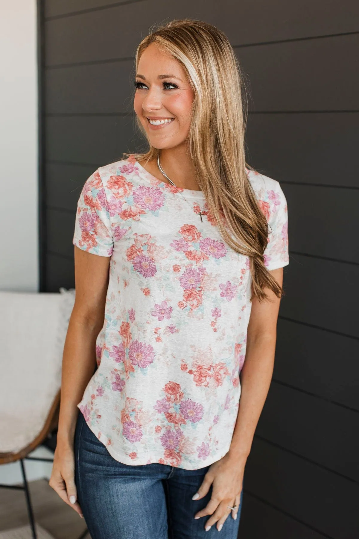 Love Galore Short Sleeve Floral Top- Ivory